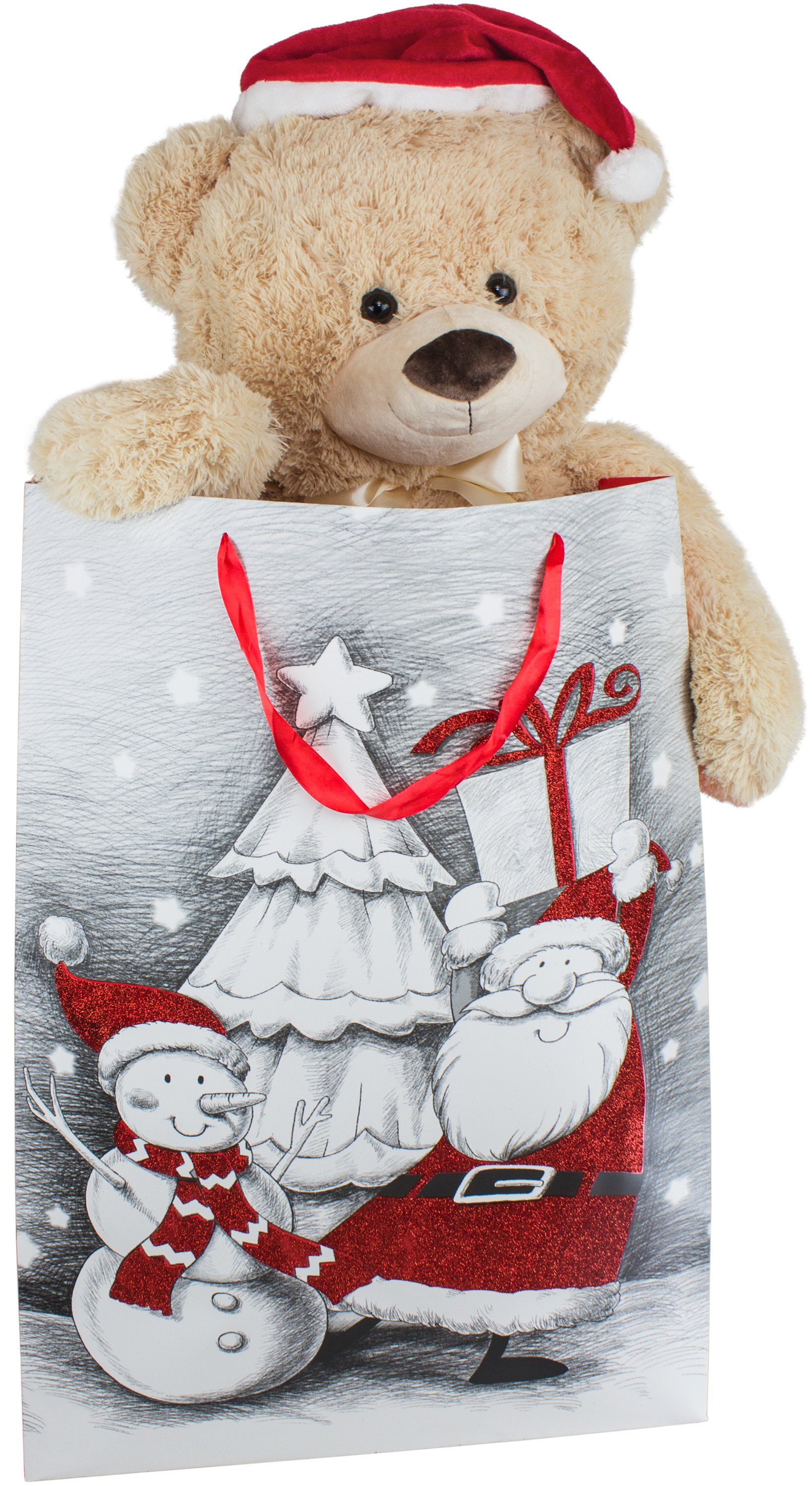 BRUBAKER Kuscheltier XXL Teddy 100 cm mit Nikolausmütze (1-St., mit Schleife und Geschenk Tasche), großer Teddy Bär - Weihnachten, Plüschtier mit Weihnachtsmütze