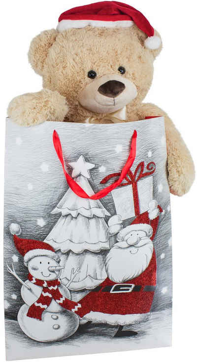BRUBAKER Kuscheltier XXL Teddy 100 cm mit Nikolausmütze (1-St., mit Schleife und Geschenk Tasche), großer Teddy Bär, Stofftier Weihnachten, Plüschtier mit Weihnachtsmütze