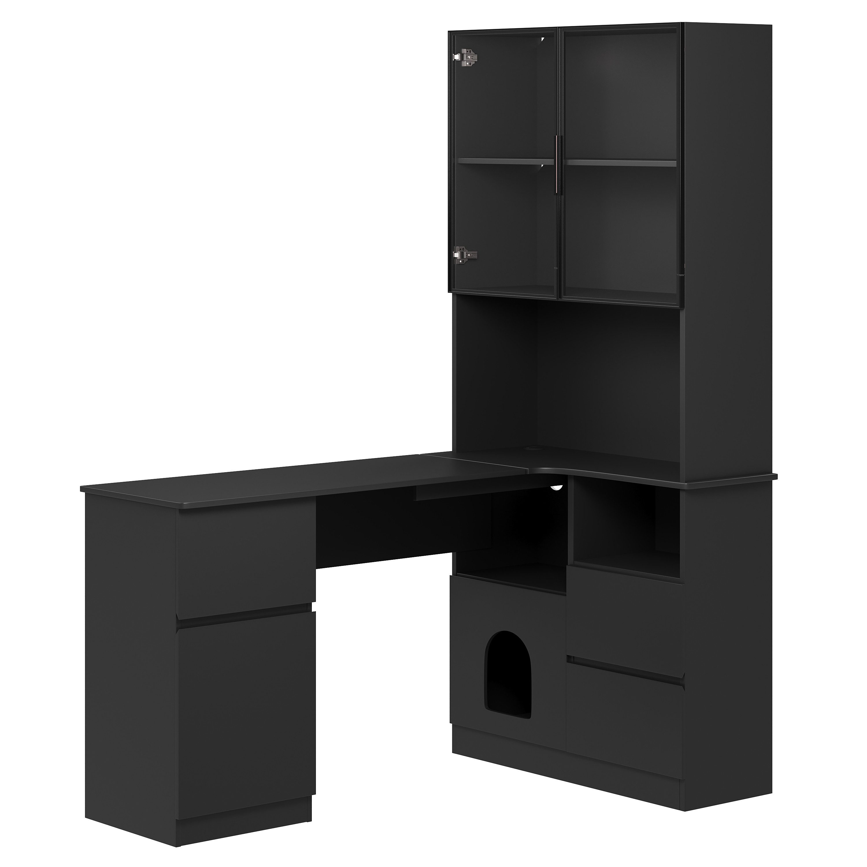 Flieks Eckschreibtisch 2-in-1 Hochschrank mit LED und Glastüren & L-förmig Arbeitstisch (1-St., Tischmaße: 120x45x76 cm, Schrankmaße: 80x30x180 cm), Regal-Schreibtisch Computertisch inkl. Glasvitrine/Bücherregal Schwarz