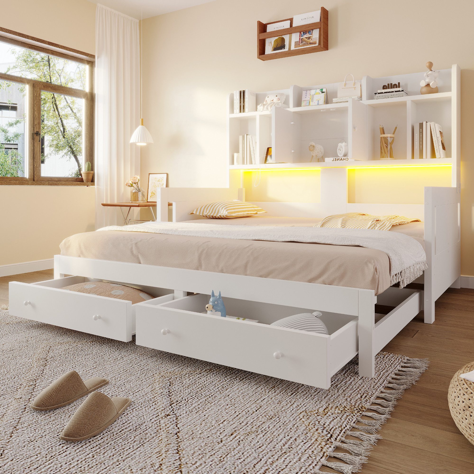 Flieks Holzbett, Ausziehbares Daybett 90/180x190cm mit Schubladen, LED-Leiste, Aufladen
