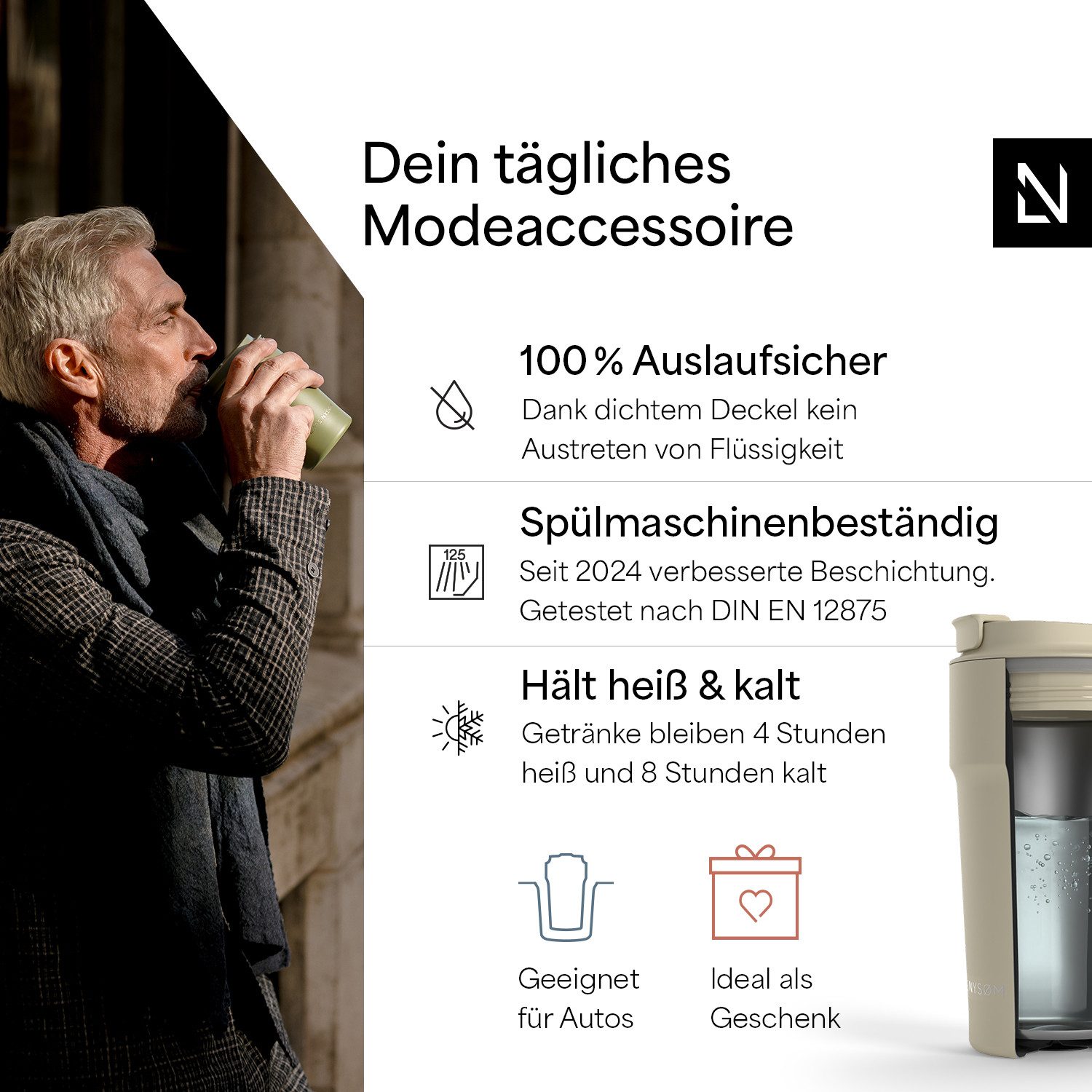 LARS NYSØM Thermobecher Bevægelse, 1-tlg., Thermobecher mit Vakuum Isolierung: 4h heiß / 8h kühl