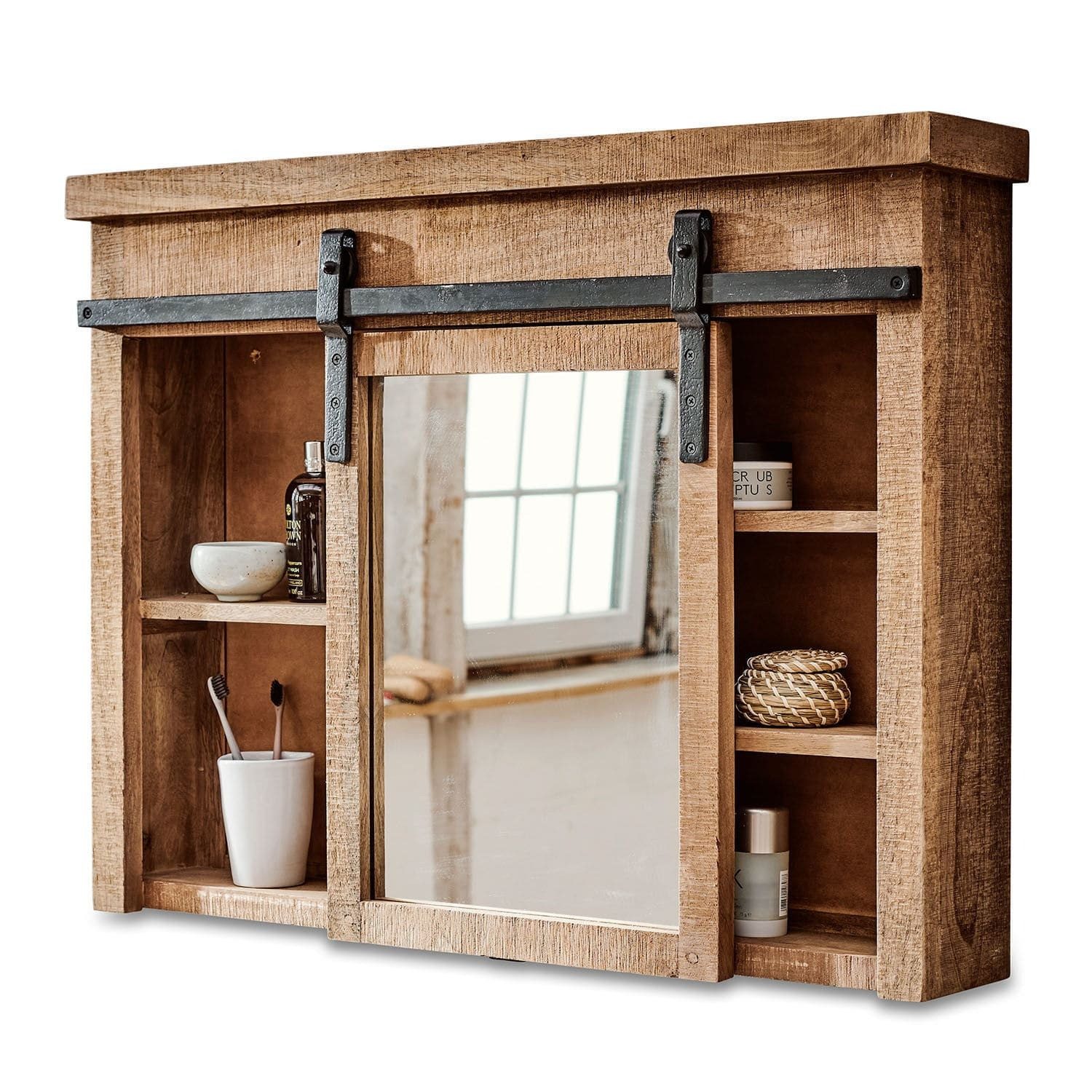 Mirabeau Waschbeckenschrank rustikaler Badezimmerschrank Taylors Island aus Mangoholz & Eisen (braun, Massivholz, verschiebbarer Spiegel, offene Ablagefächer) Spiegelschrank, Badregal mit Spiegel, B 86cm, H 65cm, T 15cm