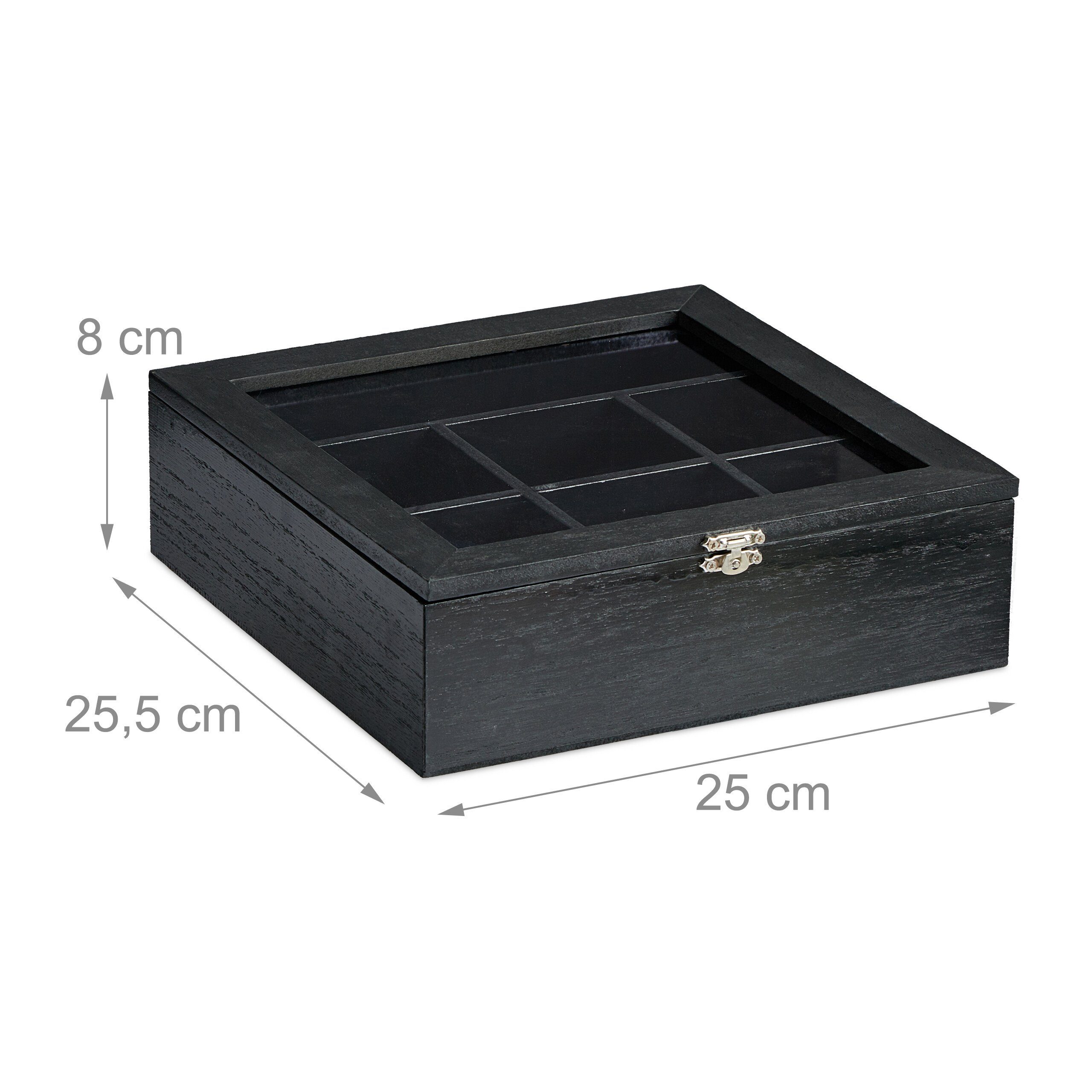 Faserplatte, Transparent Teebox relaxdays Schwarz Teebox in Holzoptik, Silber Schwarz