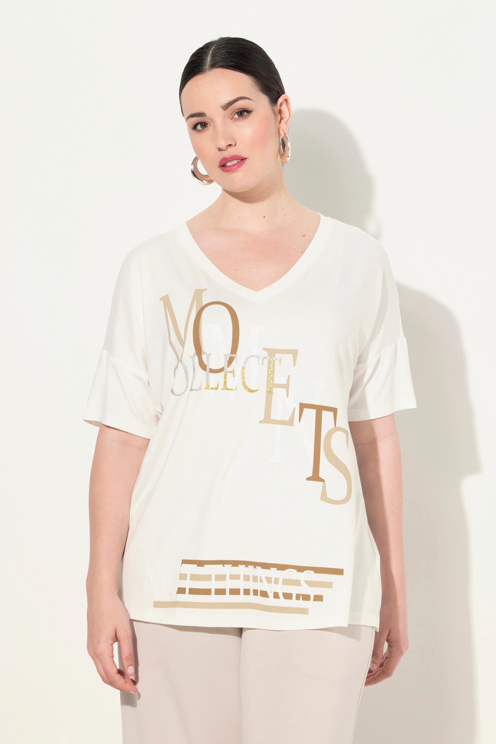T-Shirt T-Shirt Schriftmotiv V-Ausschnitt Halbarm