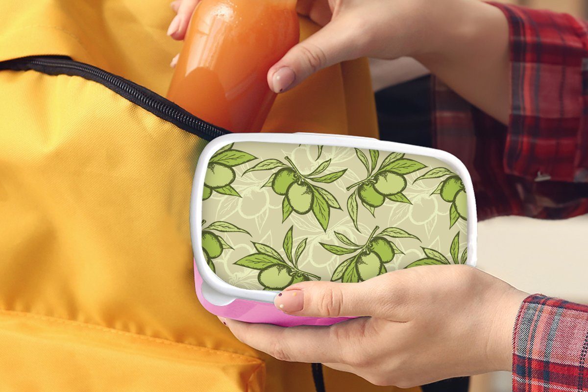 Brotbox für - Lunchbox - Mädchen, rosa Erwachsene, Vegan Kunststoff Vintage, - Snackbox, Kunststoff, (2-tlg), Blätter MuchoWow Design Olive Kinder, - Brotdose