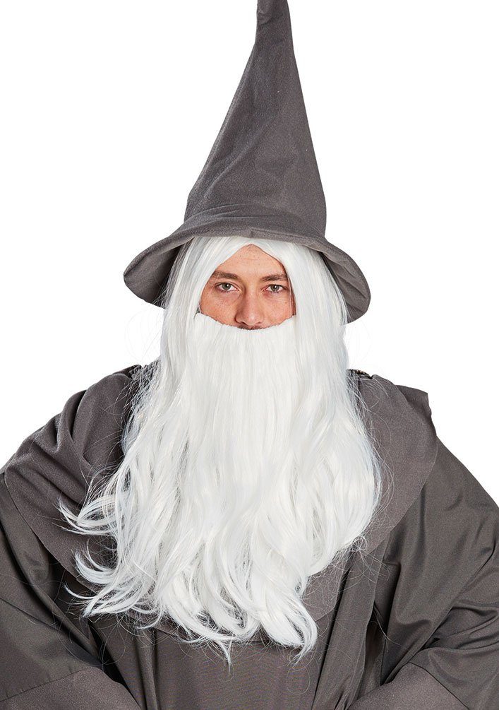 Karneval-Klamotten Zauberer-Kostüm Zauberer Perücke mit passendem Vollbart, Magier Hexer Gandalf Merlin weißer Perücke mit Bart lang Märchen