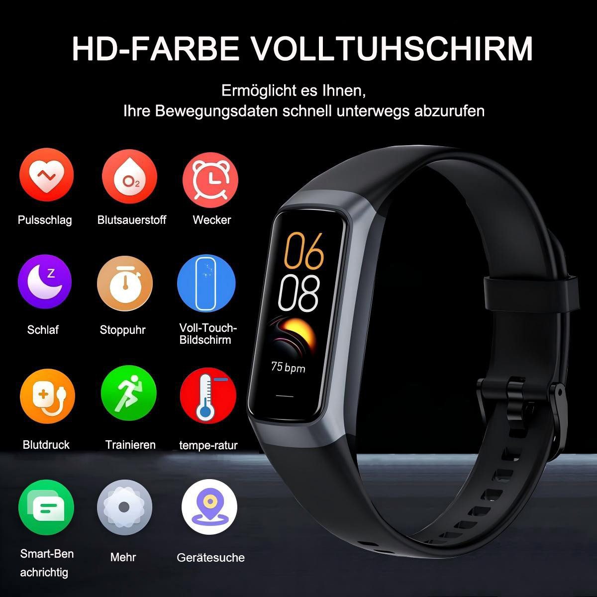 Futicare Fitness-Tracker Smartwatch mit 24/7 Herzfrequenz- & Blutsauerstoffmessung (Schlafmonitor, 1,1" AMOLED Touchscreen, 25 Sportmodi, Schrittzähler & IP68 wasserdicht für Damen & Herren)