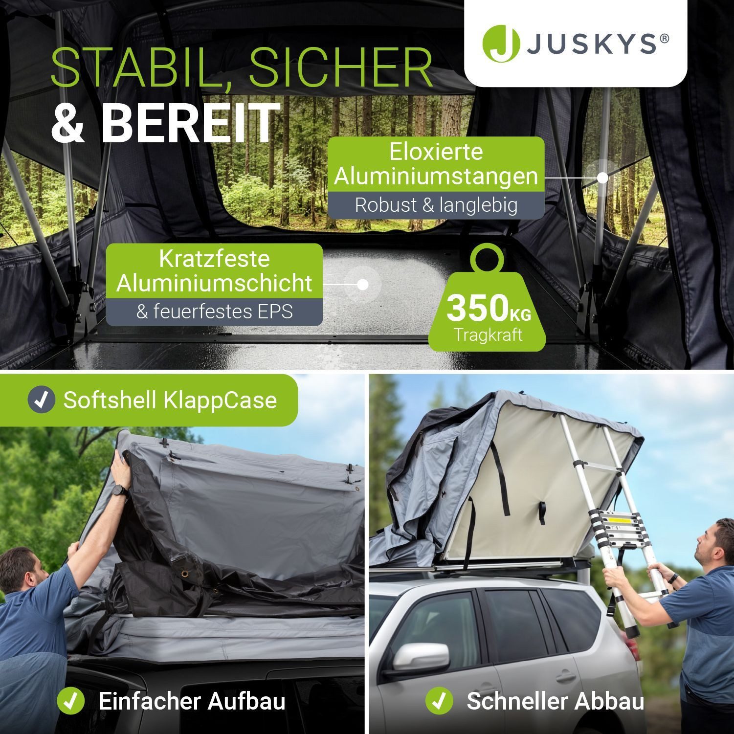 Juskys Dachzelt Lago, Wasserdicht, Teleskopleiter, 2 Personen Zelt, LED Beleuchtung