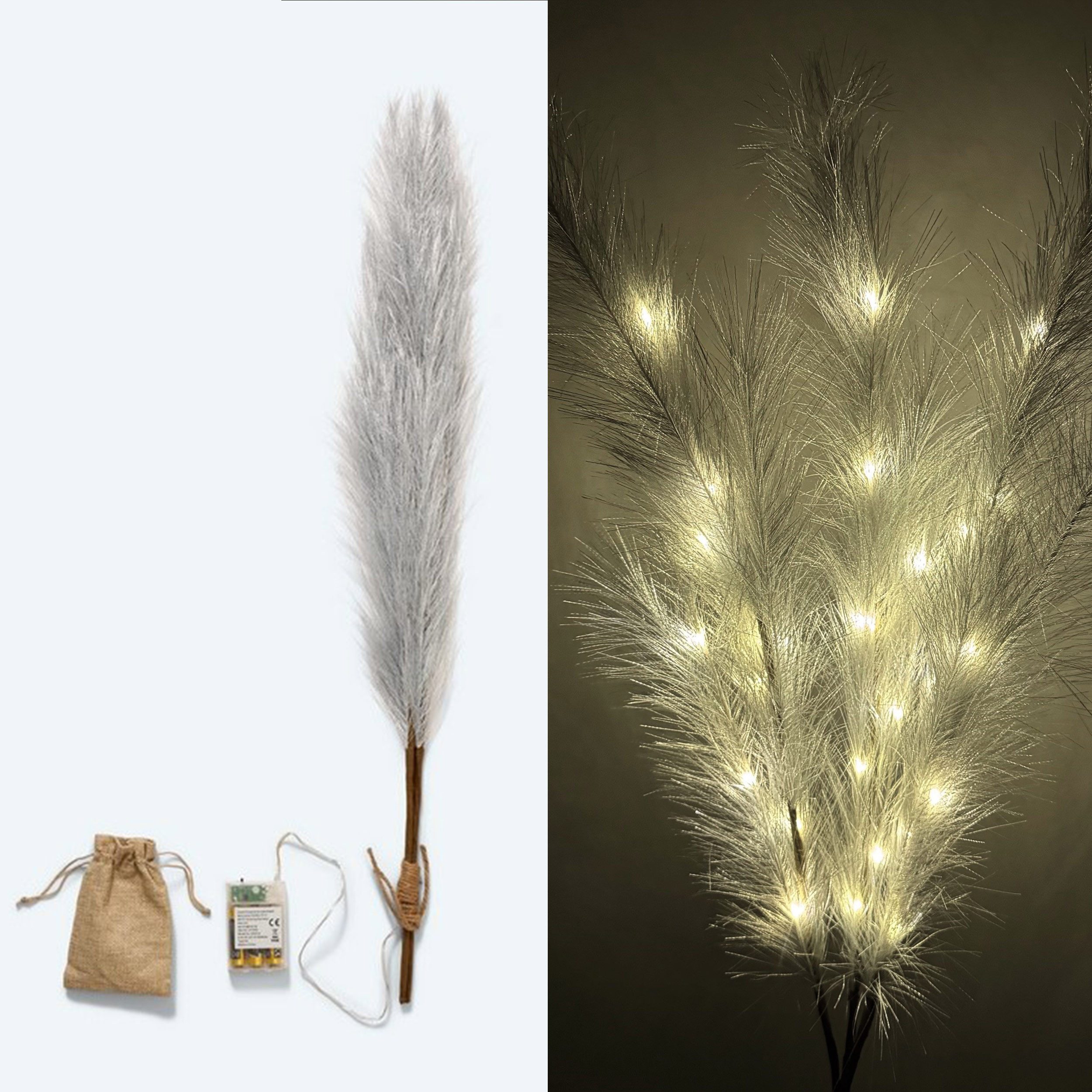 Kunstpflanze künstliches Pampasgras mit LED-Beleuchtung, Timer - 80 bis 115 cm groß - Kunstgräser, Online-Fuchs, Dekoration für Frühling, Sommer, Herbst & Winter