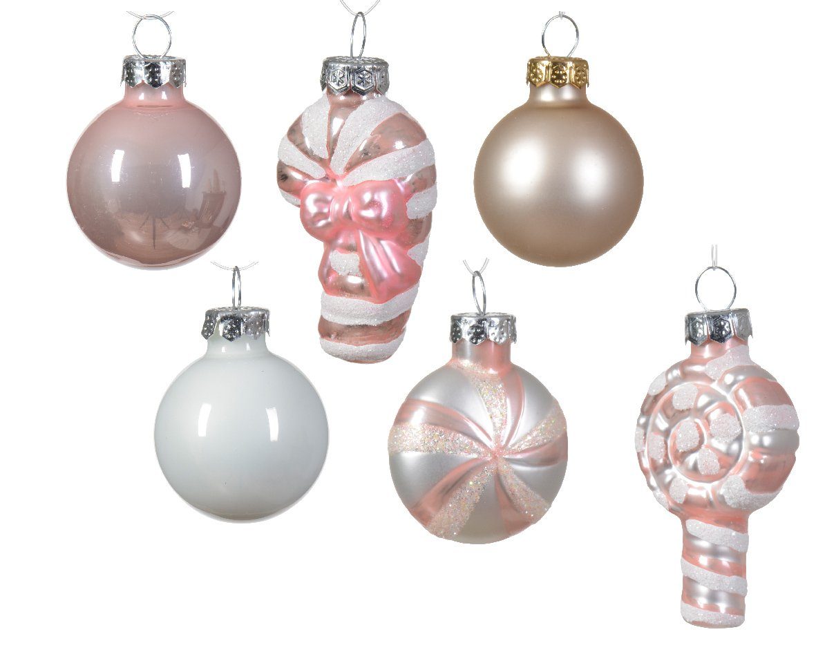 Decoris season decorations Set 6cm Figuren Mix - 9er mit Mix Puderrosa Weihnachtsbaumkugel, Weihnachtskugeln Glas