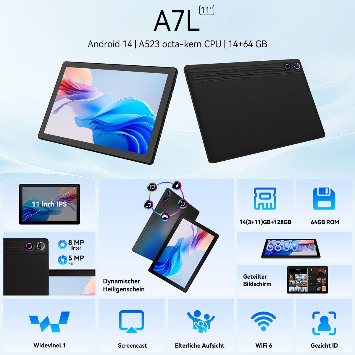 BUFO 11 Zoll Octa-Core 14(3+11)GB RAM+64GB 6800mAh, mit Tastatur Maus Stift Tablet (11", 64 GB, Android, AIC8800D80 802.11 a/b/g/n/ax/ac (WiFi 6) + BT5.3, Android 14, Duale Kamera, HD Display)