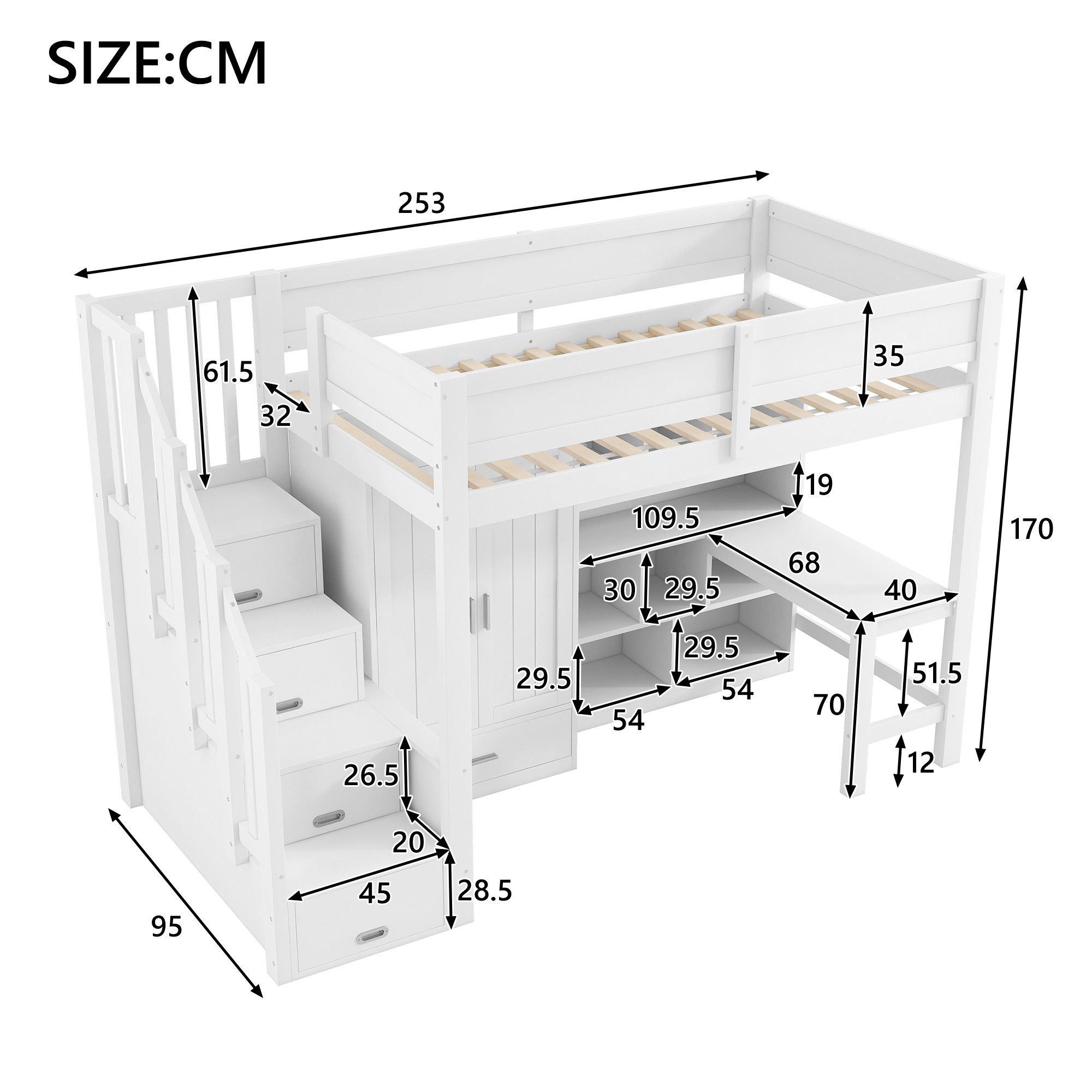 Ulife Hochbett mit LED-Leuchten, Schreibtisch & Kleiderschrank, 90x200cm (1-St) Jugendbett, Holzbett mit Regal, Stauraumtreppe