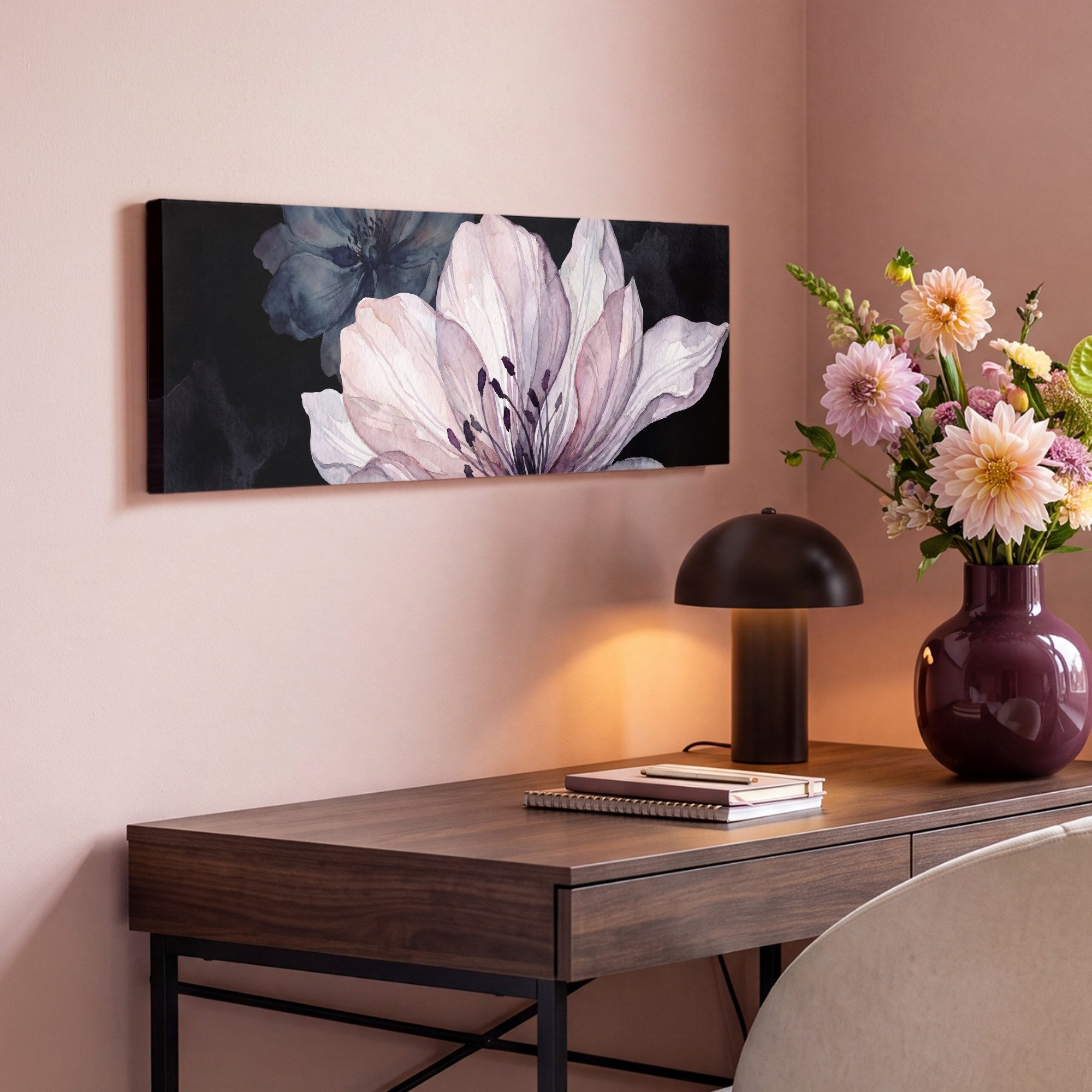 OneMillionCanvasses® Leinwandbild Panorama Blumen – Aquarell – Modern – Rosa – Dunkel, Fotodruck (1 St), Wandbild, Deko Schlafzimmer Wohnzimmer Flur 60x20 cm – Bild 4 von 5