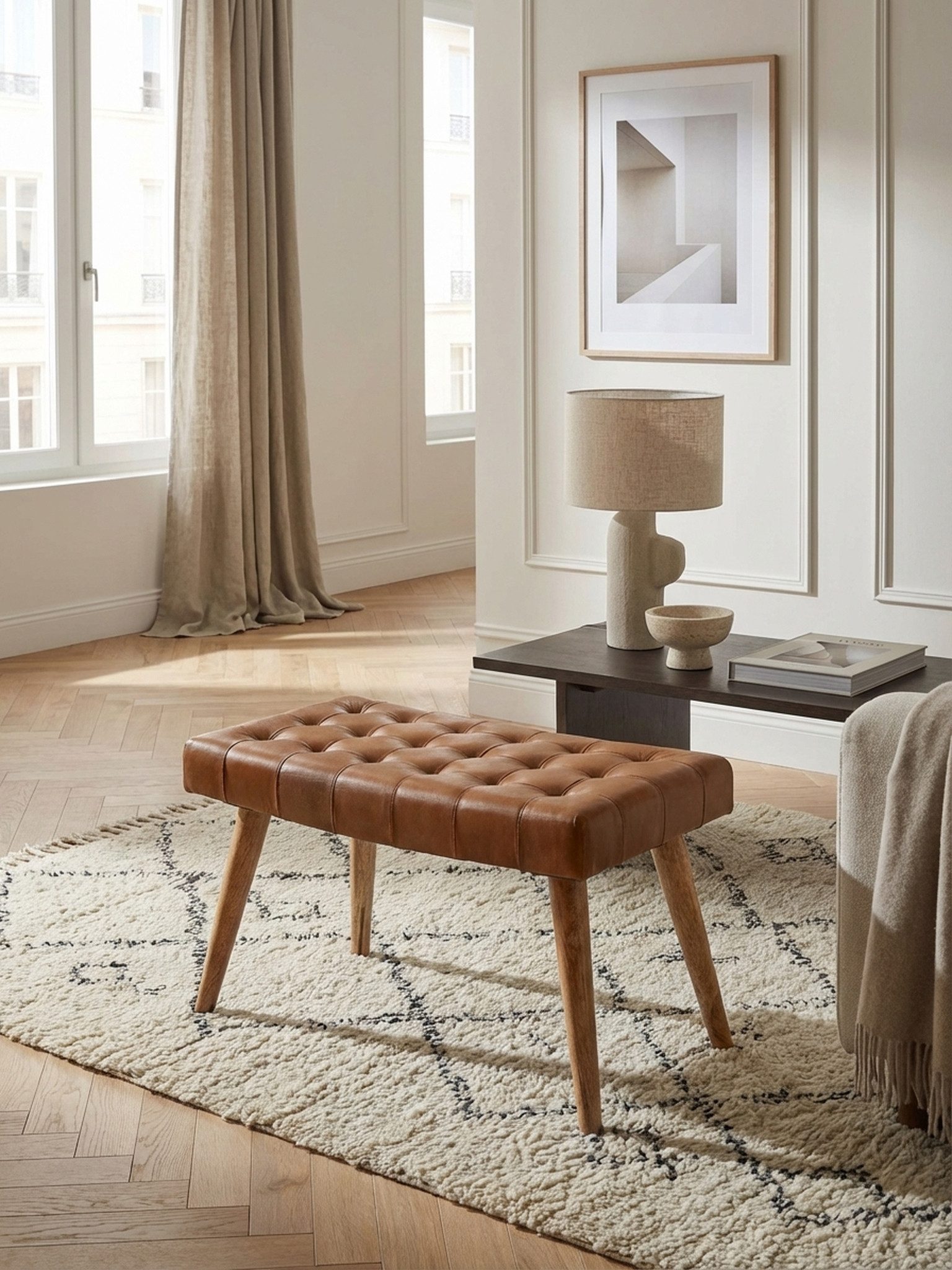 KADIMA DESIGN Sitzhocker Stilvoller Chesterfield-Lederhocker, Holzbeine für Wohnzimmer