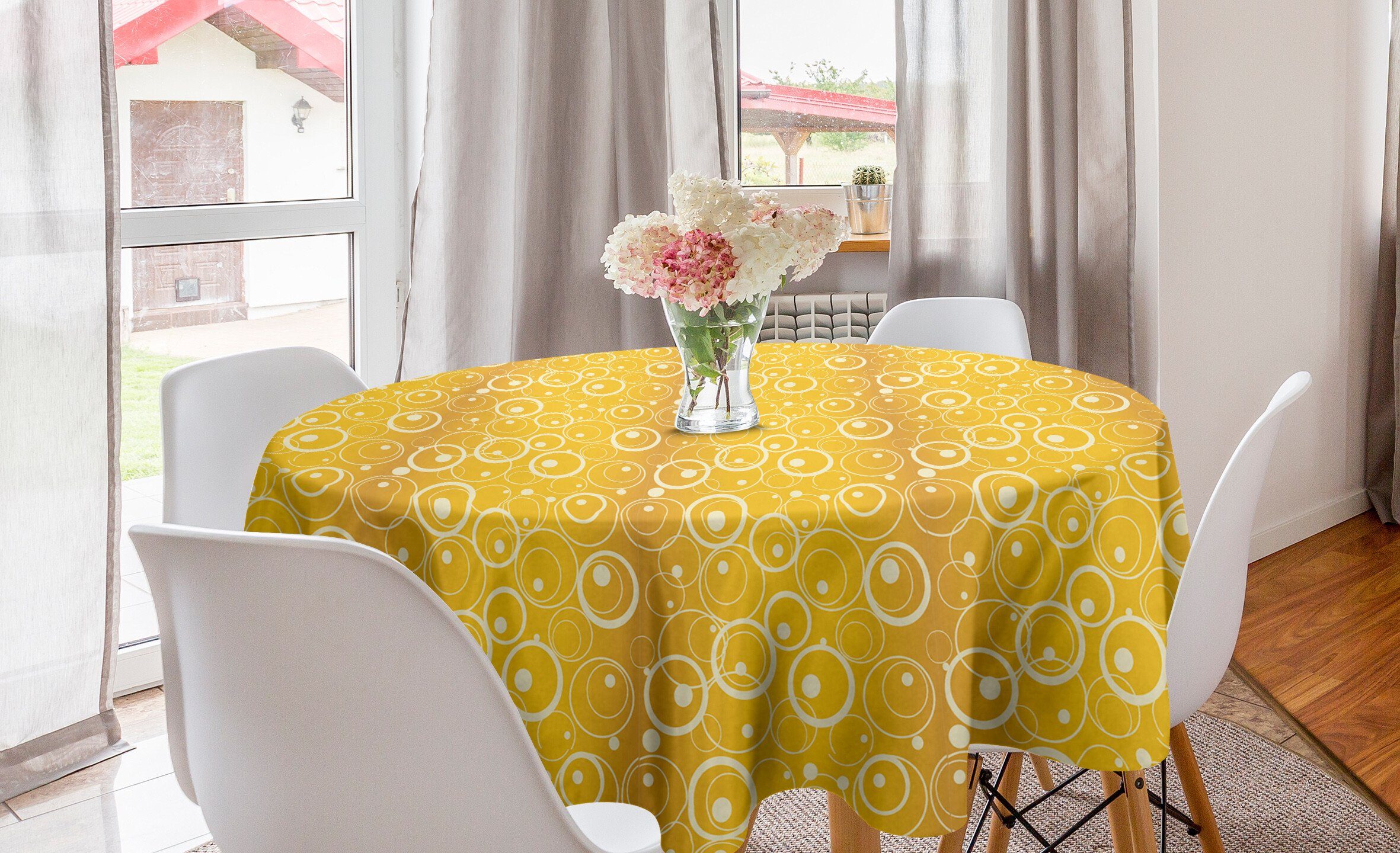 Abakuhaus Tischdecke Kreis Tischdecke Abdeckung Kreise für Punkte Küche Esszimmer und Weinlese-Gelb Dekoration