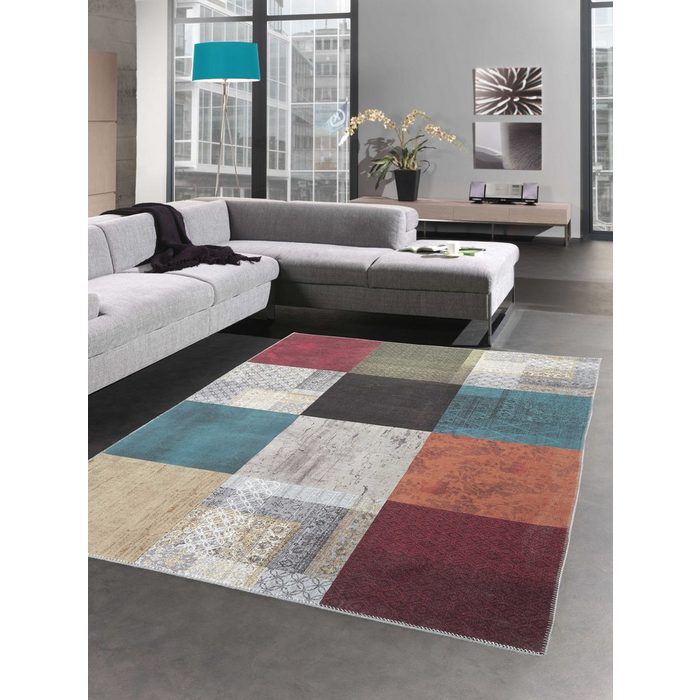 Teppich Eleganter Teppich mehrfarbig mit modernen Mustern in Quadraten orange blau Carpetia rechteckig Höhe: 7 mm