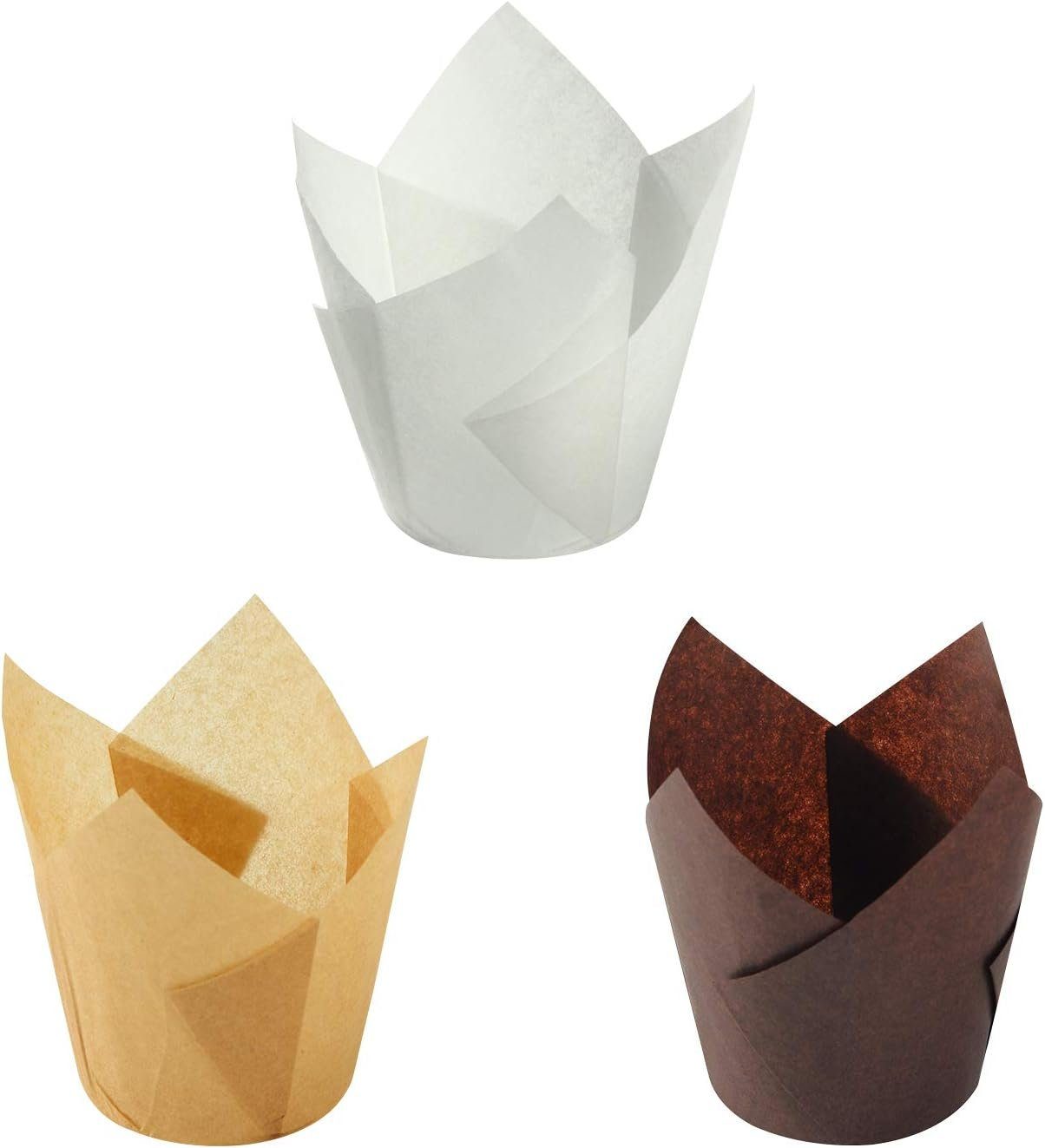 Jormftte Backform Backförmchen Tulpen Muffinform Papier Cupcake Liner für Hochzeit Party Dunkler Kaffee,heller Kaffee,Weiß | Kuchenformen