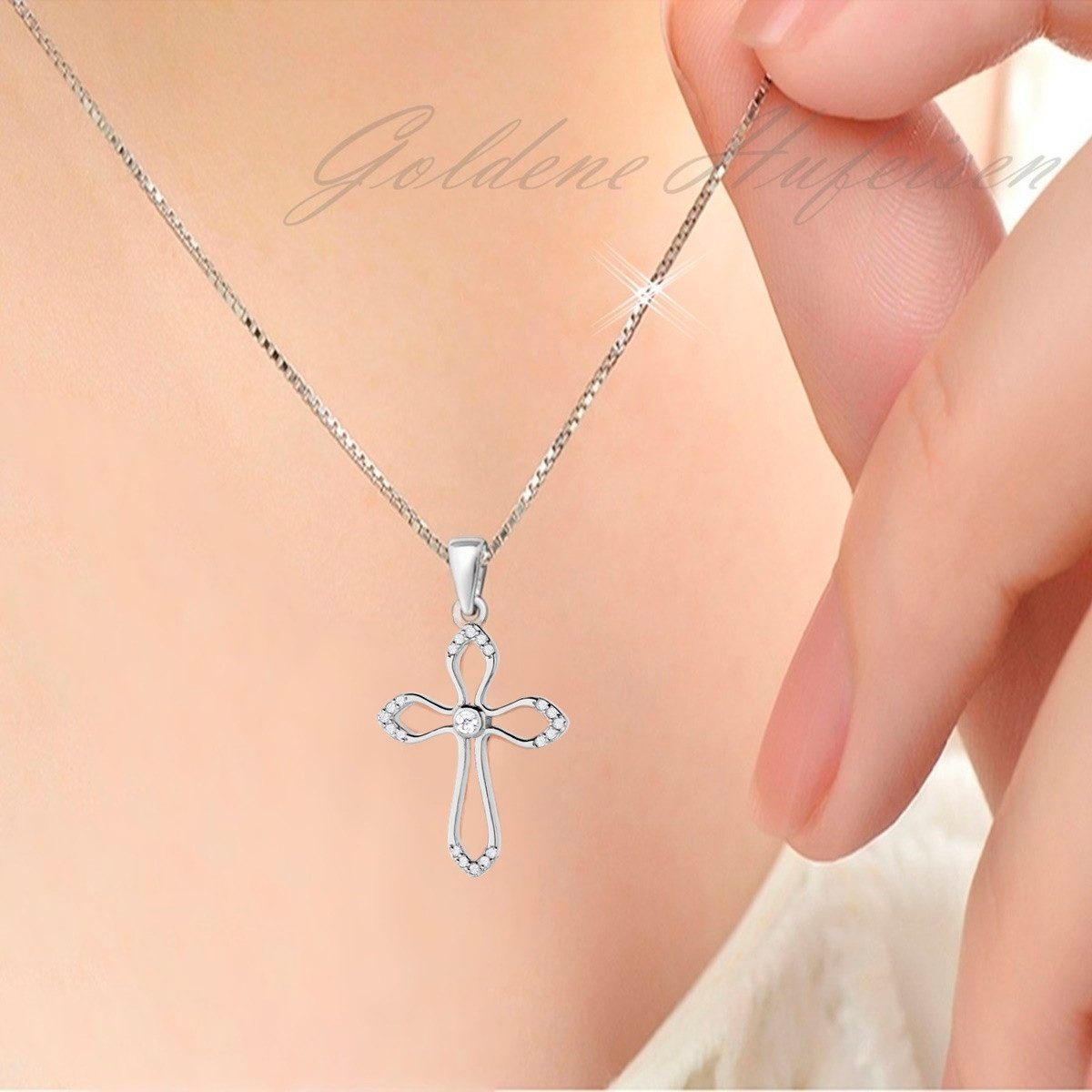 Goldene Hufeisen Kreuzkette Halskette Kreuz Silber Anhänger mit Kette 925 Mädchen Jungen, 925 Sterling Silber mit Zirkonia, Kreuz Silberschmuck für Kinder