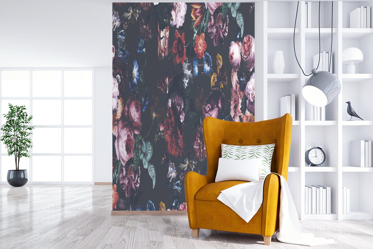Wohnzimmer, MuchoWow Fototapete Montagefertig für Blumen (3 St), - - Flora Tapete Matt, Wandtapete Vinyl bedruckt, Farben,