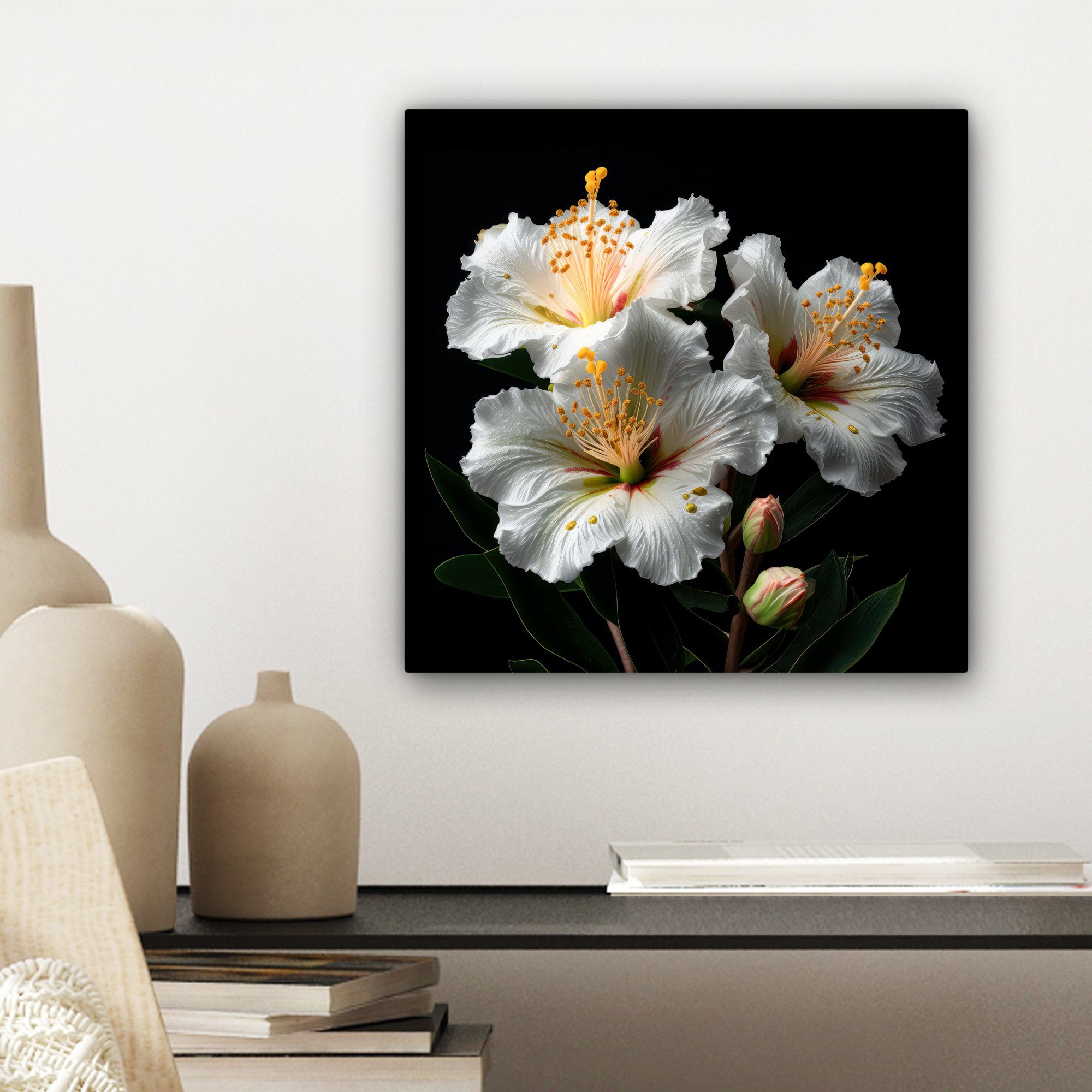 Leinwand 20x20 cm für - St), (1 Leinwandbild Hibiskus - OneMillionCanvasses® Blumen Schwarz, Bilder Weiß Natur Schlafzimmer, - - Wohnzimmer