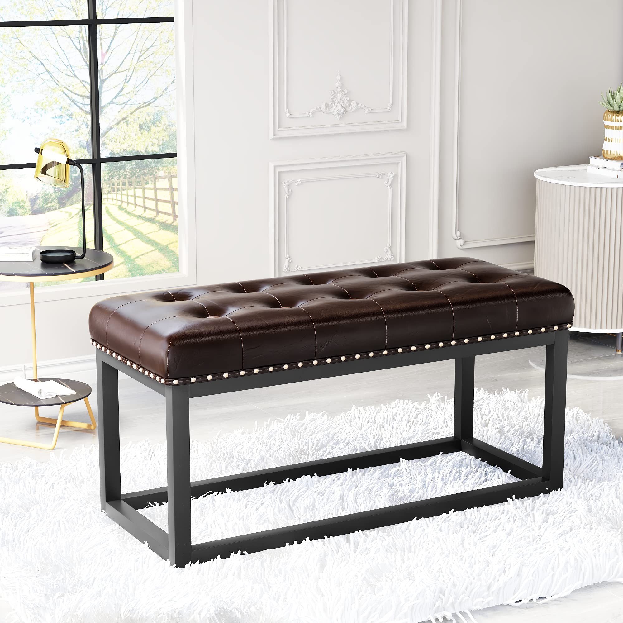 REDOM Polsterbank Industrieller Vintage-Look, ideal für Eingangsbereich & Esszimmer (Packung, 1-St., 91 cm lange Polsterbank in Braun mit Knopfsteppung & Metallgestell), Stilvolle Sitzbank auch für Schlafzimmer & als Dekoelement nutzbar