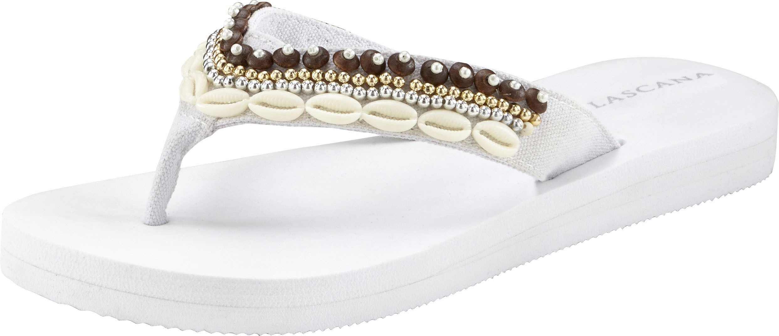 LASCANA Sandale, Badeschuh, Pantolette, Badelatsche, Flip Flop, Sommerschuh, Badezehentrenner Zehentrenner mit Muschel-Imitaten VEGAN