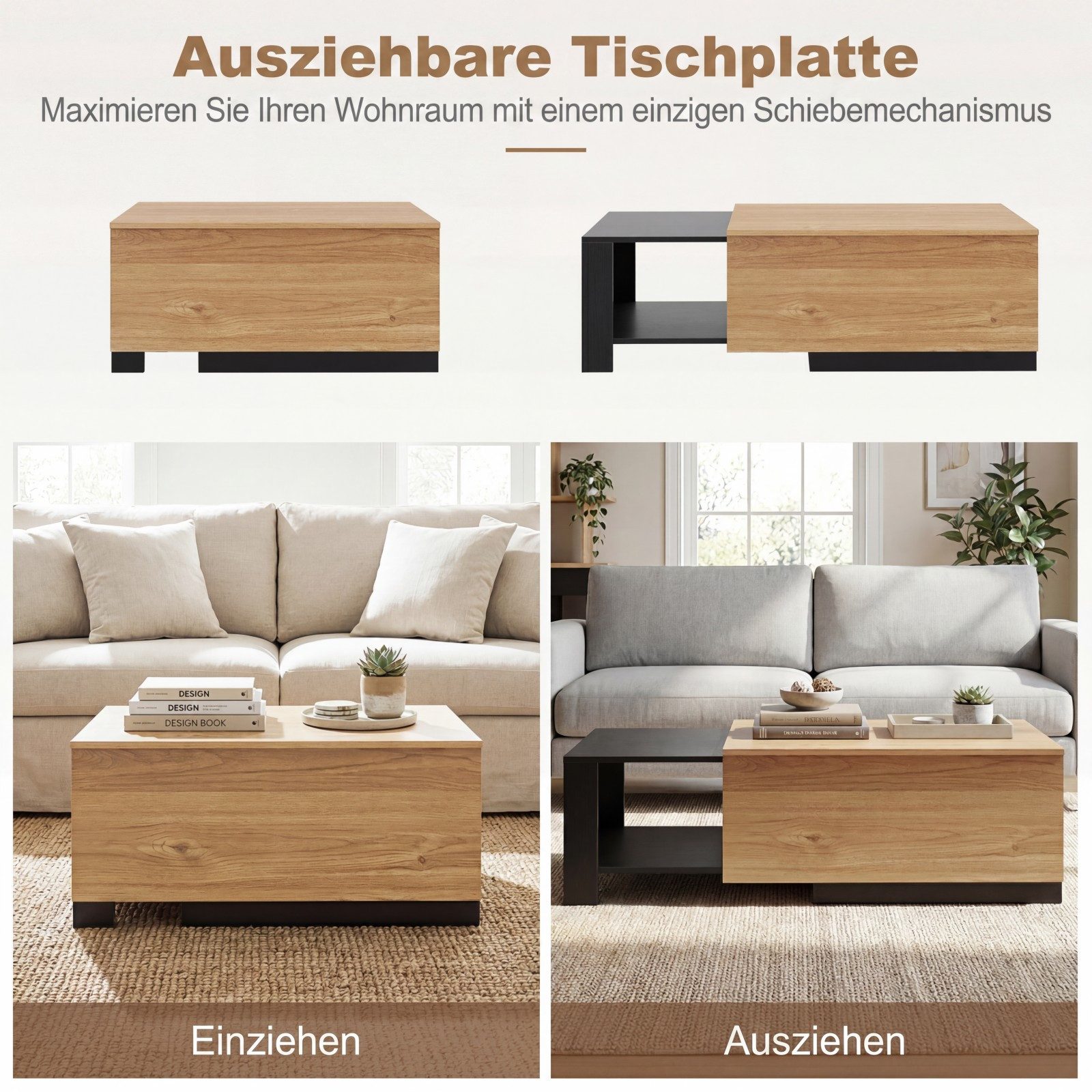 COSTWAY Couchtisch mit verstecktem Stauraum Sofatisch ausziehbar, Holz rechteckig – Bild 3 von 5