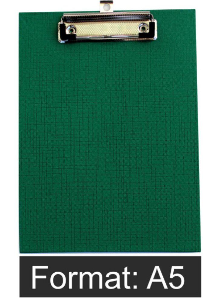 1-St., leinengeprägt PVC-Folien mit Drahtbügelklemme d.rect und Überzug (Stück, Klemmplatte Klemmbrett A5 Schreibplatte 1-Stück), Schreibmappe aus Graupappe, Grün