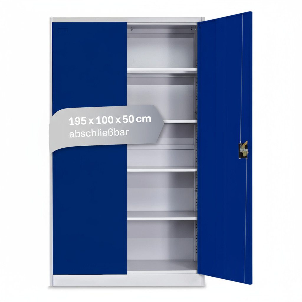 LagerZwei Aktenschrank Stahlschrank 195x100x50 cm (1-St) 3-fach verriegelt, 4 Böden, bis 60 Ordner, Flügeltüren 130°