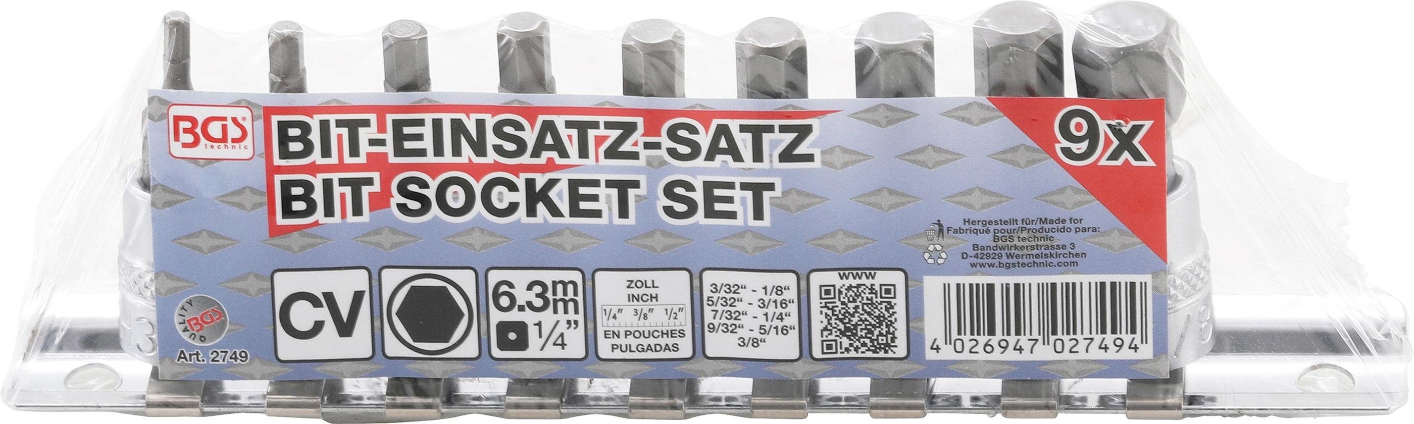 BGS technic Sechskant-Bit 6,3 Bit-Einsatz-Satz, (1/4), 3/32" mm 9-tlg. 3/8", - Innensechskant Innenvierkant Antriebe Zollgrößen