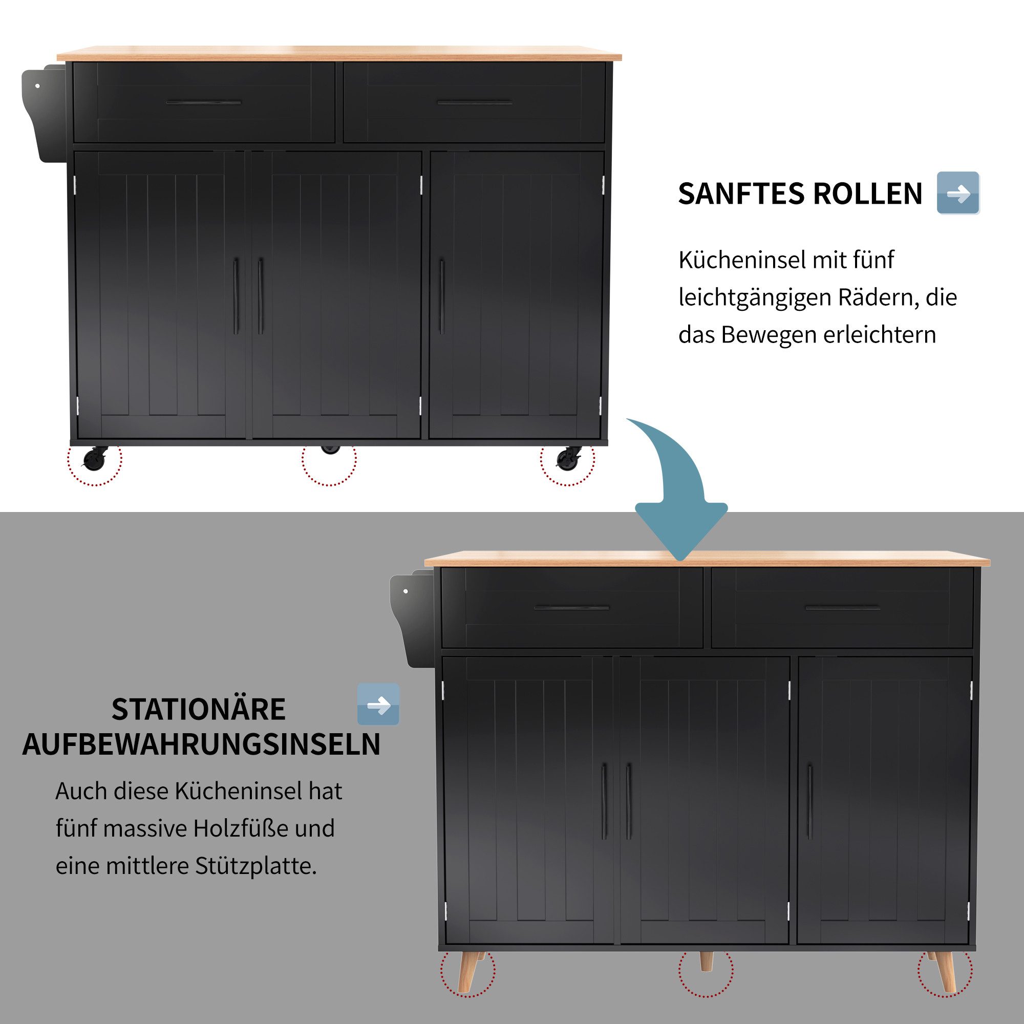 STILVORA Sideboard Esswagen Kücheninsel mit Klapptischplatte,Schubladen,Ablagetür&Rollen (Küchenwagen mit Rollen & Klapptisch, höhenverstellbare Regale, Besteckschubladen., 1 St., 5 Räder, 3 Tür), mit Ausziehbare Arbeitsplatte,Massivholzbeine umschaltbar