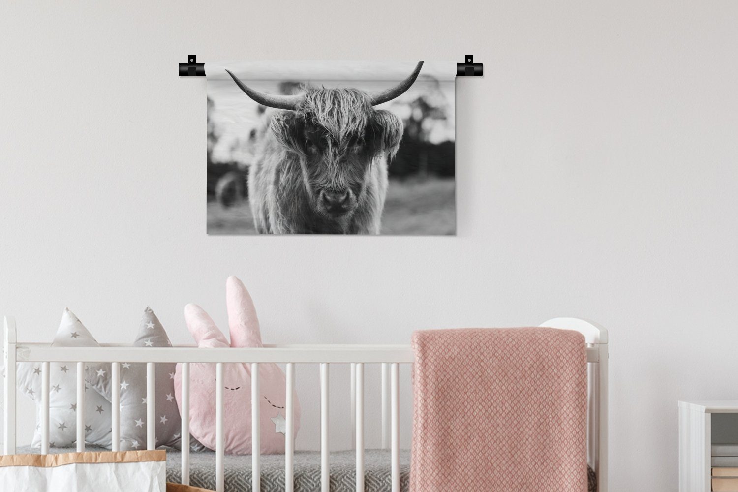 Wanddekoobjekt Wohnzimmer, Schottischer Kuh Wanddeko - Tiere Highlander Gras Kinderzimmer - Schlafzimmer, Kleid, MuchoWow Natur, - für - Wandbehang,