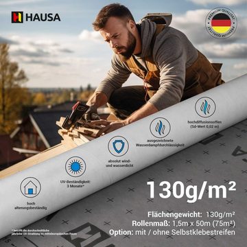 Hausa Dachbahn Unterspannbahn HU130, Ohne Selbstklebestreifen, 75 m² pro Paket, (130g/m², 1-St., 1,5m x 50m), flexible dreilagige hochdiffusionsoffene Unterdeckbahn