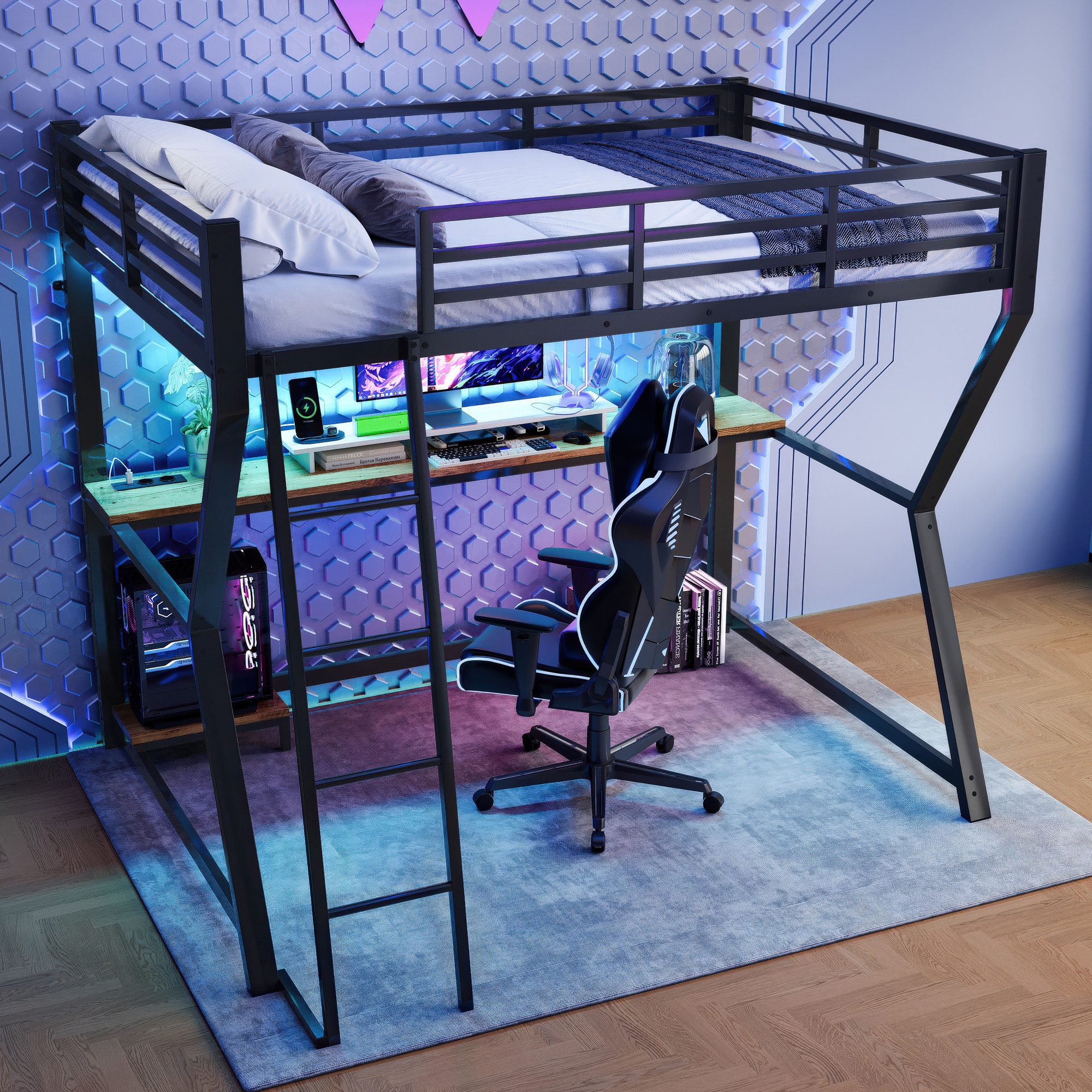 STILVORA Hochbett 90×200 Jugendbett mit Steckdose+USB,Tisch,Metallbett günstig online kaufen
