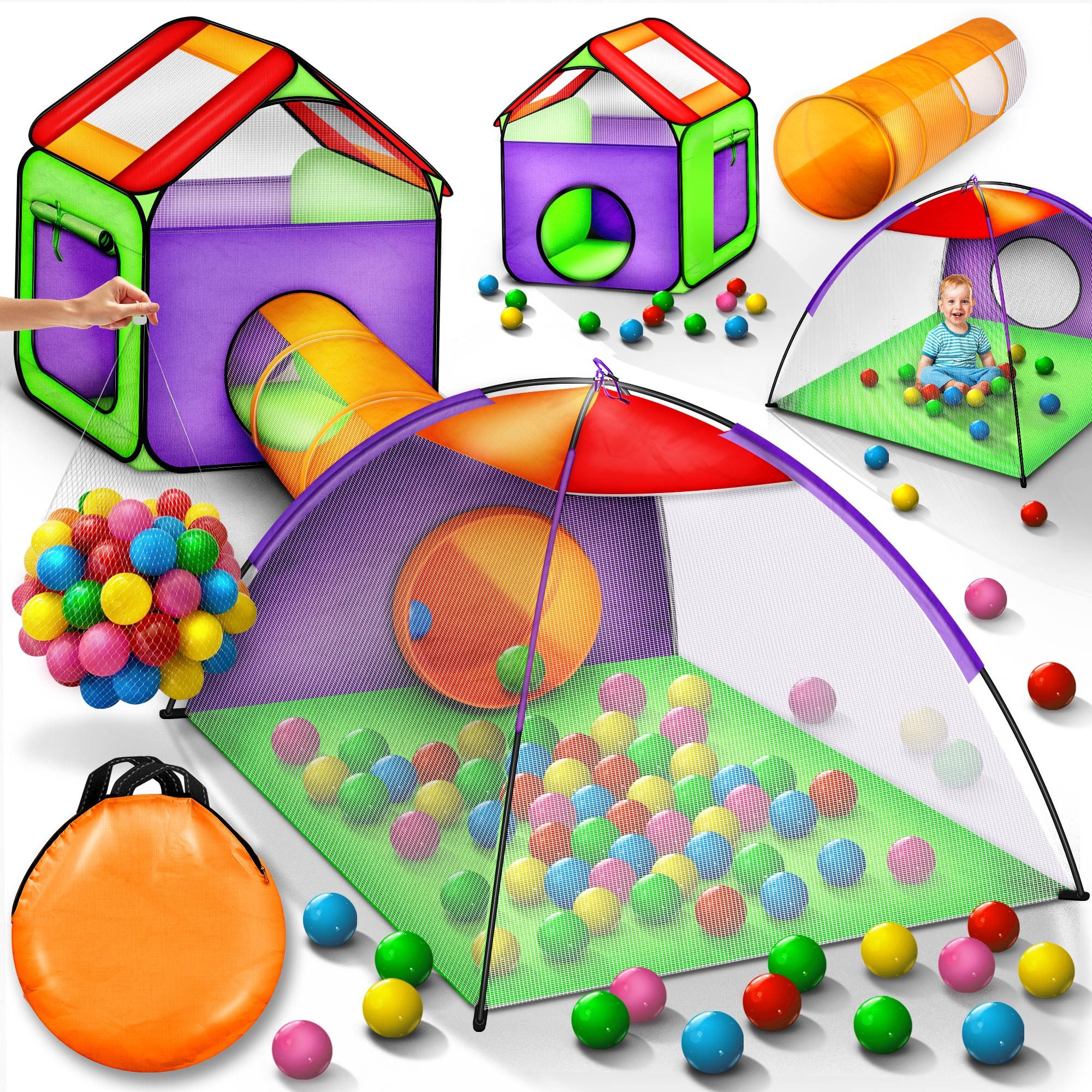 Spielzelt Kinderspielzelt Bällebad Pop Up + Krabbeltunnel + 200 Bälle + Tasche
