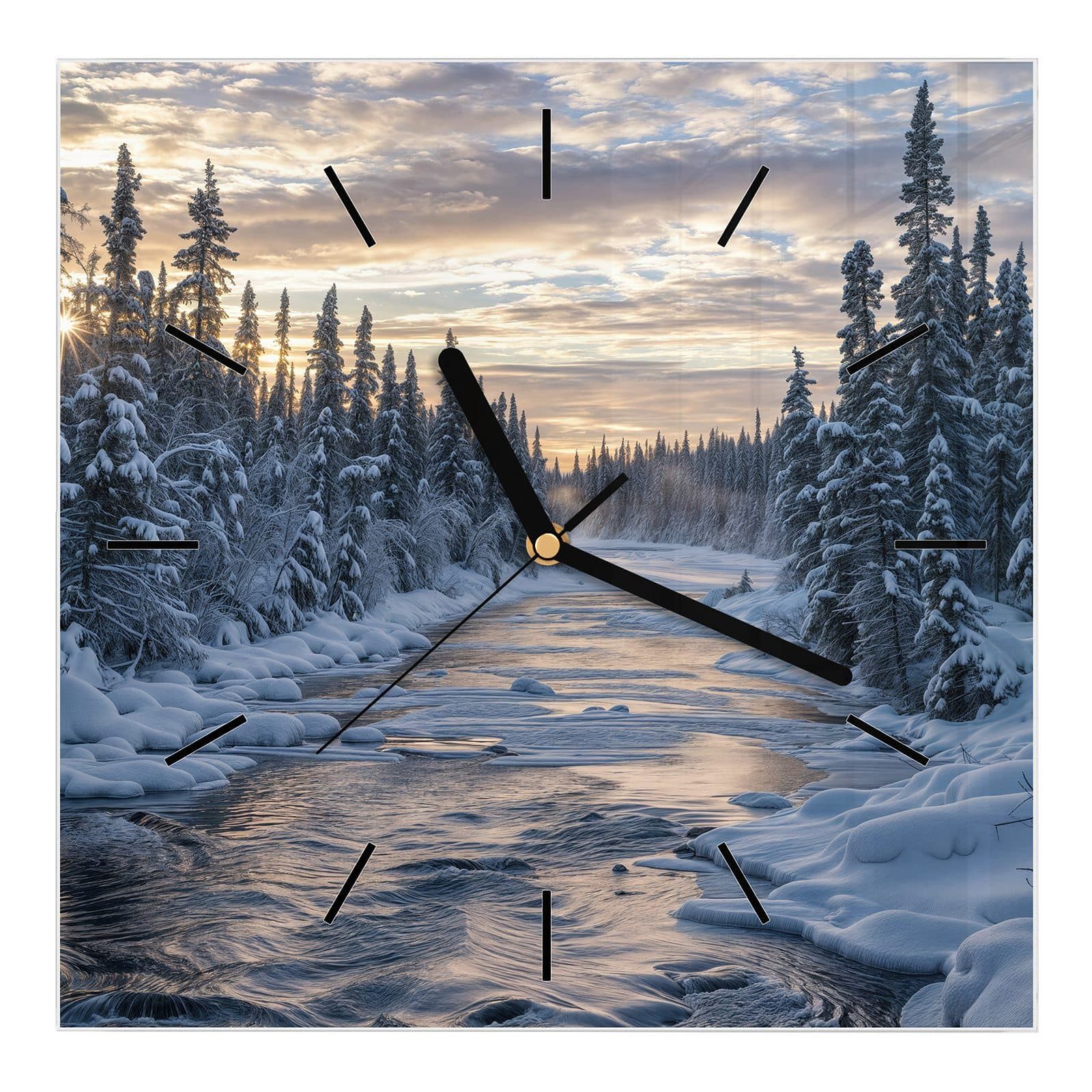 Wanduhr Glasuhr Wanduhr Wandkunst Größe 30 x 30 cm mit Motiv Winterflusswald