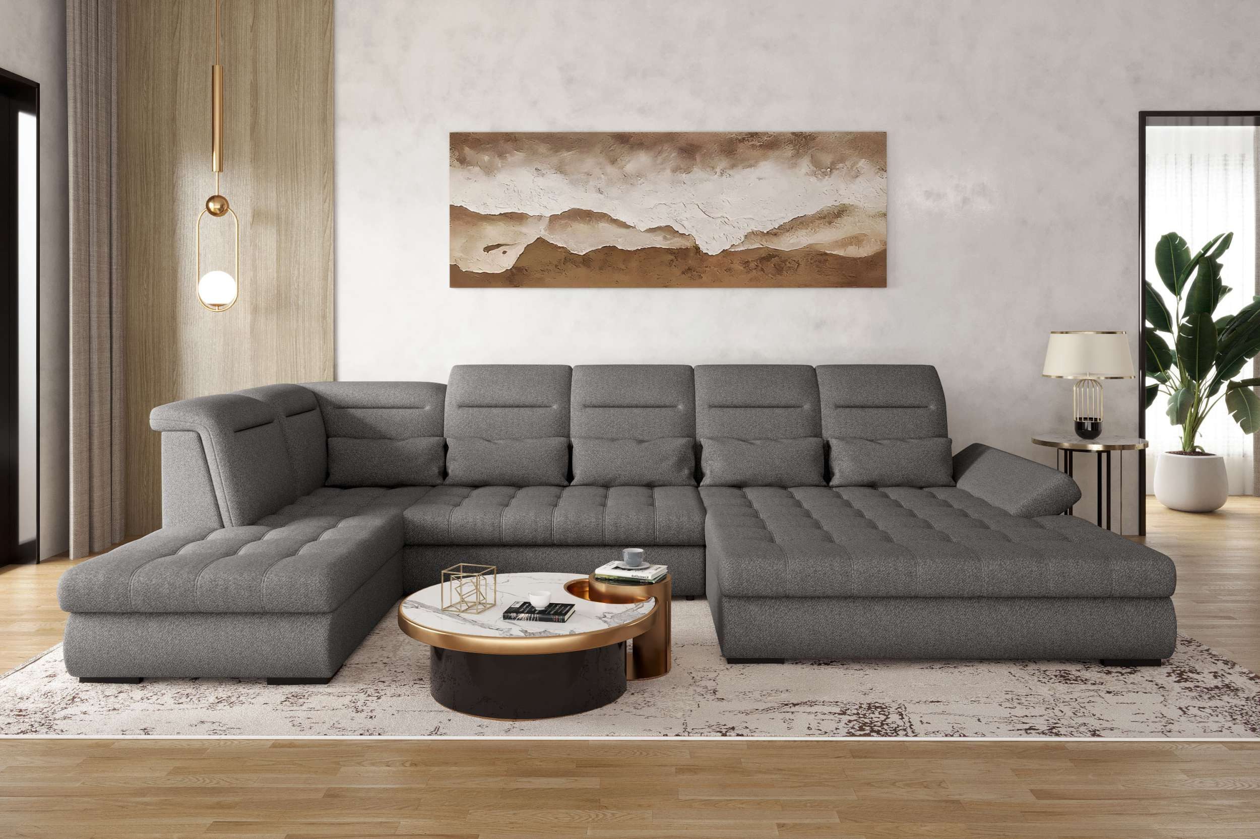 99rooms Wohnlandschaft Toscana, Sofa, U-Form, Bettfunktion, Rundumbezug aus gepolstertem Velours VOGUE