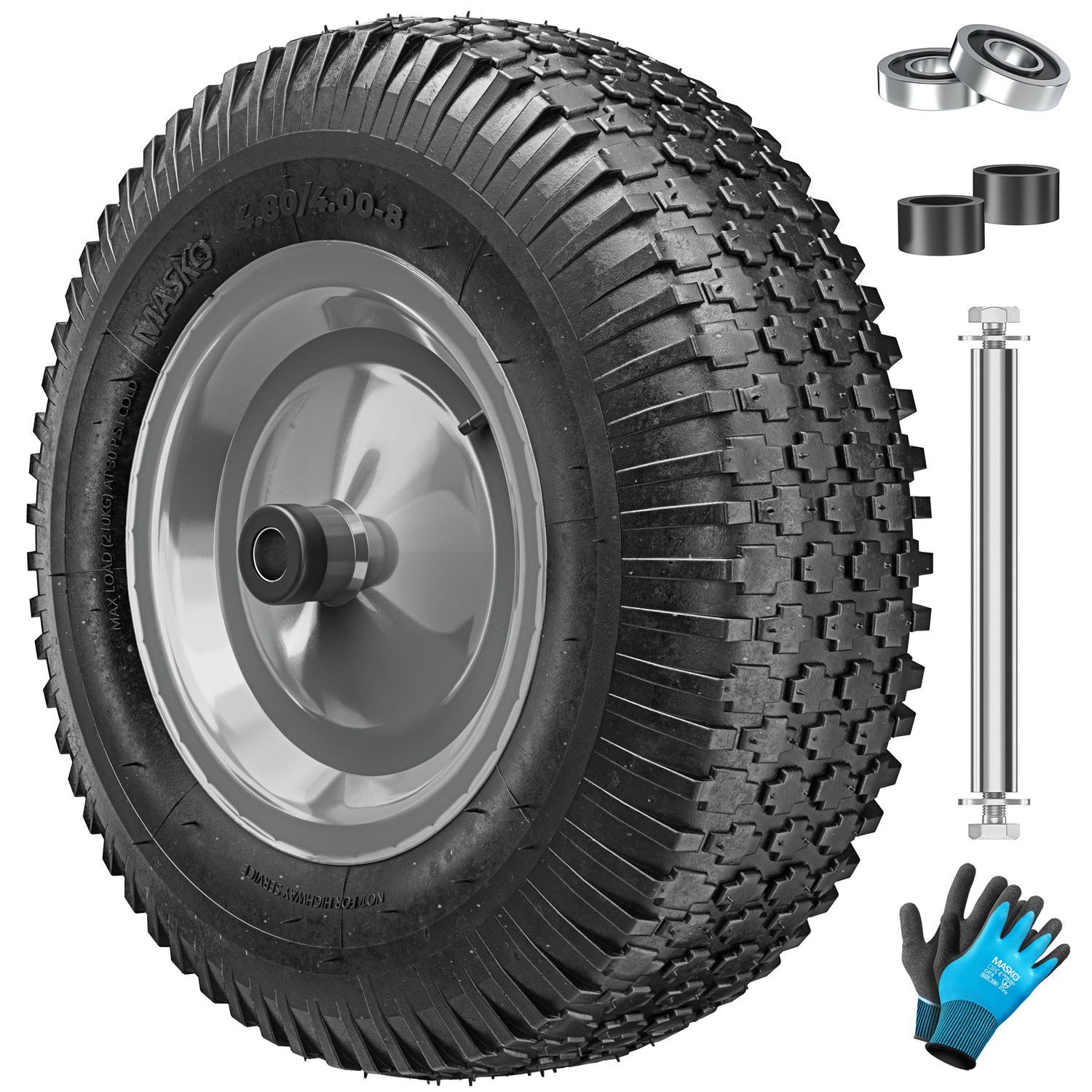MASKO Schubkarren-Rad Air Luftbereifung 250kg Traglast (Luft-Rad mit Stahlfelge, Handschuhen & Karbonstahl-Kugellager), Ersatzrad für Schubkarre & Gartenkarre pannensicheres Reifen