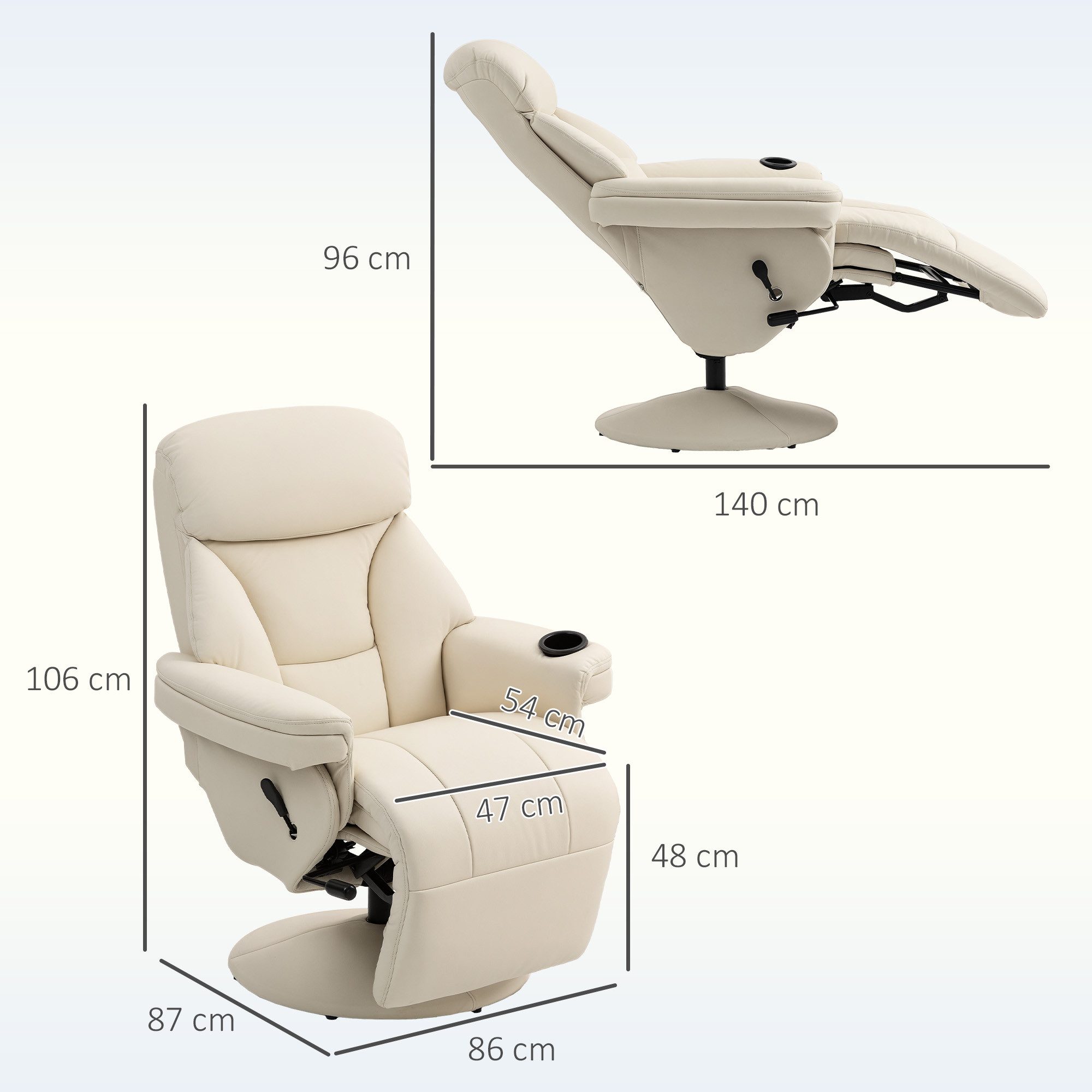 HOMCOM Relaxsessel Liegesessel mit Liegefunktion (Set, 1-St., 1), 360° drehbar, Becherhalter, Seitentasche