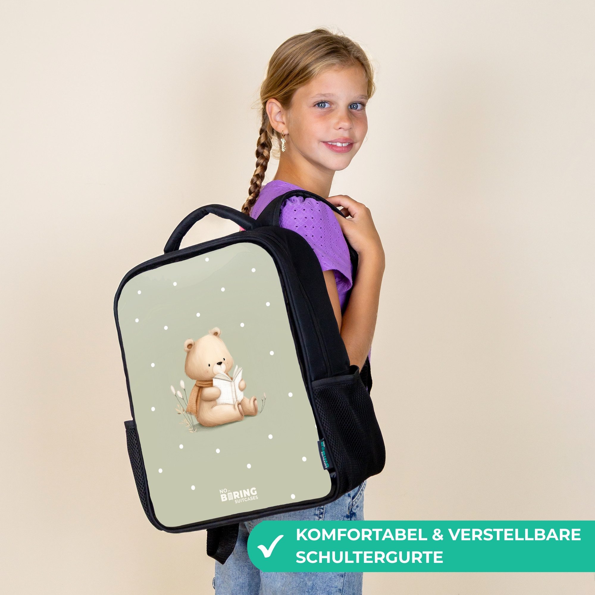 NoBoringSuitcases.com© Rucksack Ein Braunbär liest ein Buch - Grün, Kinderrucksack Schwarz, Schulrucksack, Freizeitrucksack Jungen Mädchen