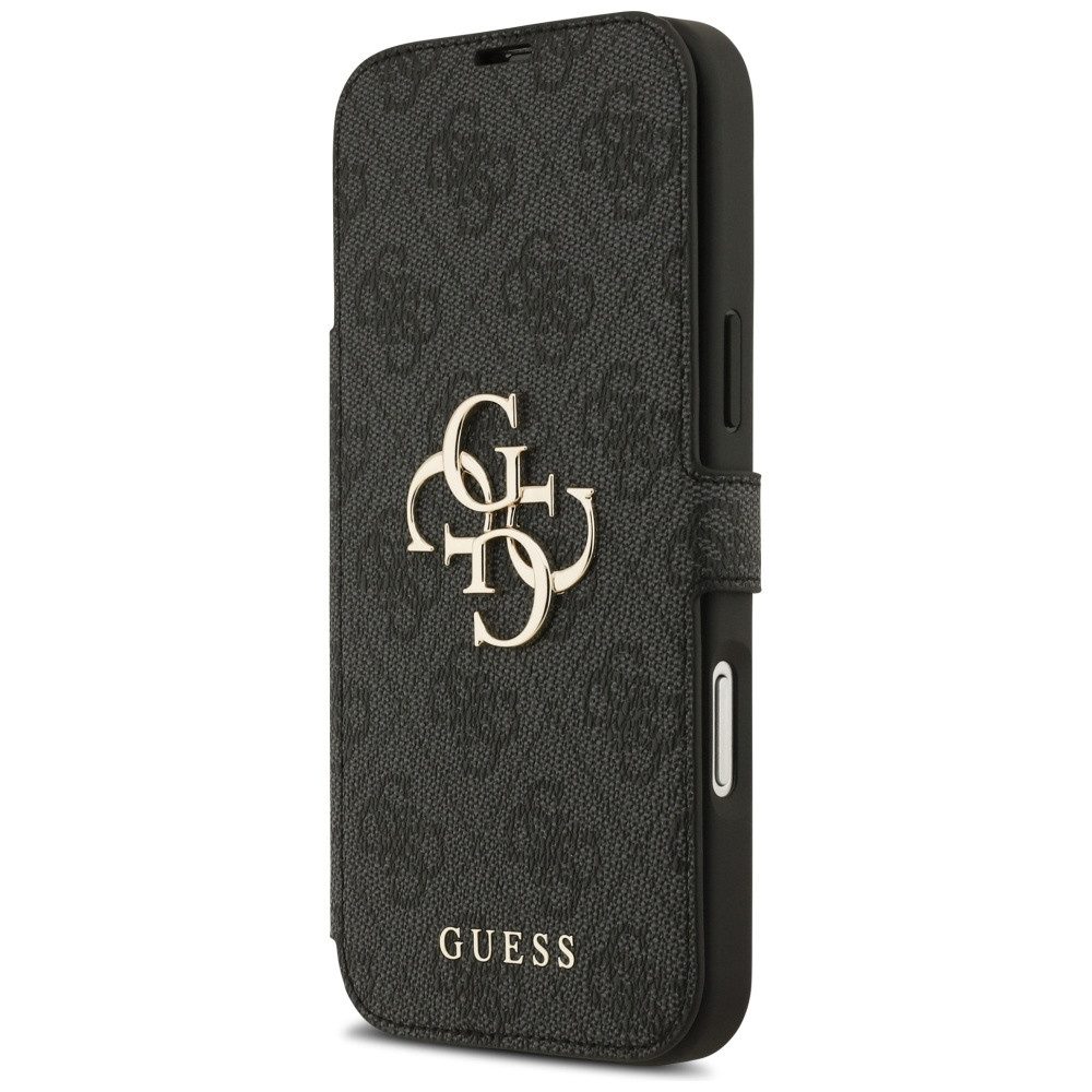 Guess Handyhülle Bookcase iPhone 17 Pro Max grau Logo goldfarben aufstellbar 6,9 Zoll, Kantenschutz