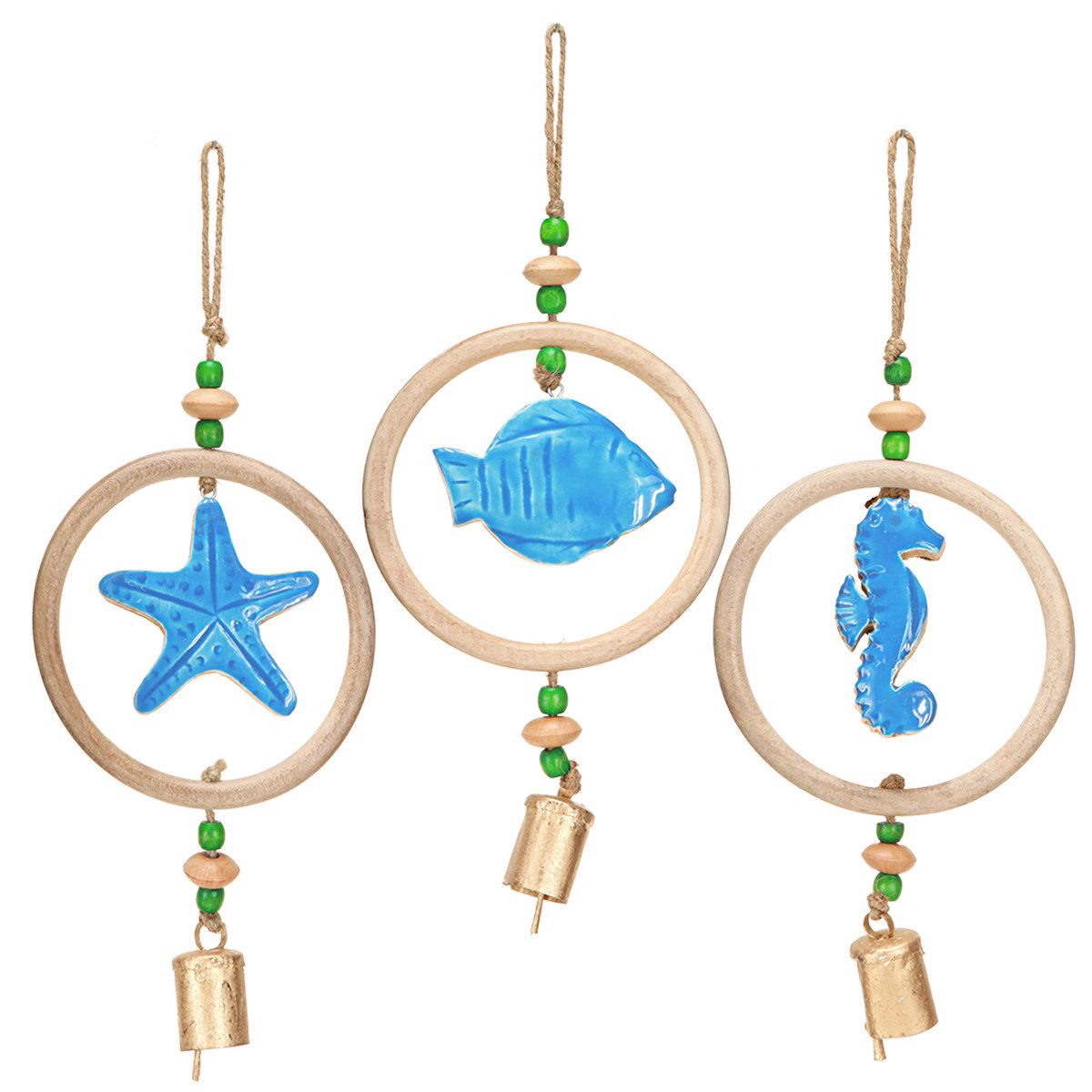 DIJK Dekofigur Maritimes Windspiel Holz Blau Natur Dekoration Balkon, 3 Stück