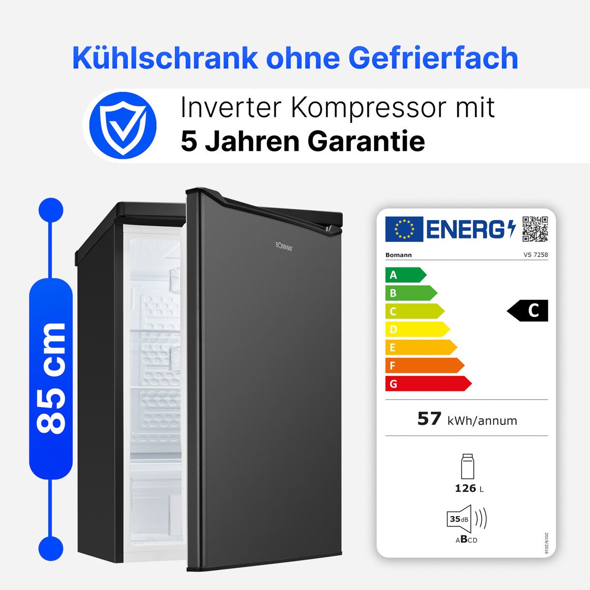 BOMANN Vollraumkühlschrank VS 7258, 85 cm hoch, 55 cm breit, Kühlschrank ohne Gefrierfach, Energieklasse C
