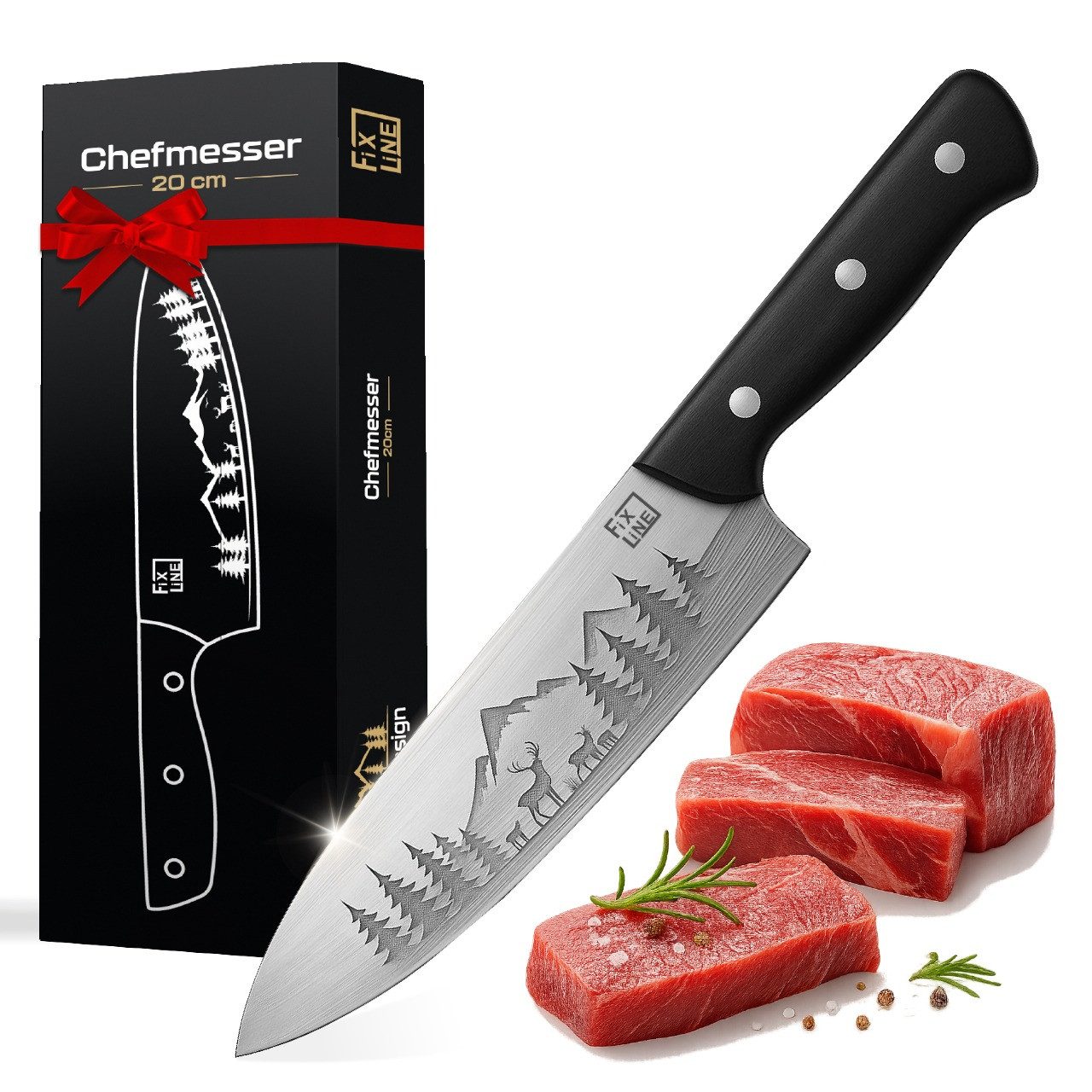 FIXLINE Kochmesser Chefmesser 20cm Black Forest Edition Kochmesser ausgewogene Balance, FIXLINE Chefmesser 20cm