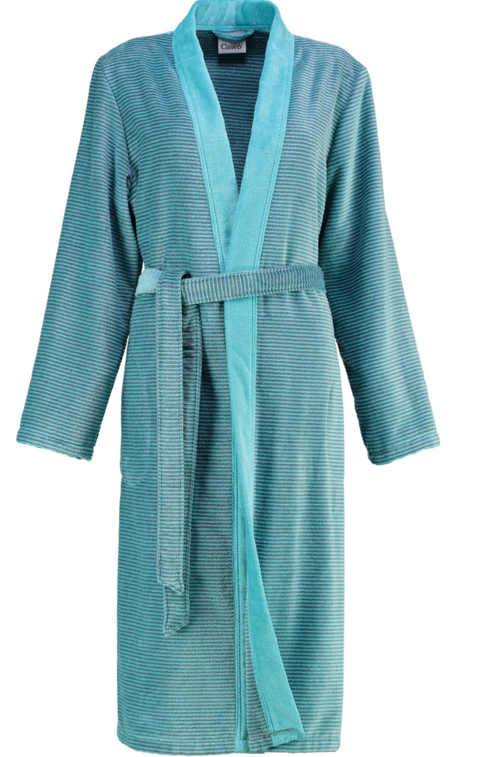 Cawö Damenbademantel, Langform, Baumwolle, Kimono-Kragen, Gürtel, Kimono Form türkis