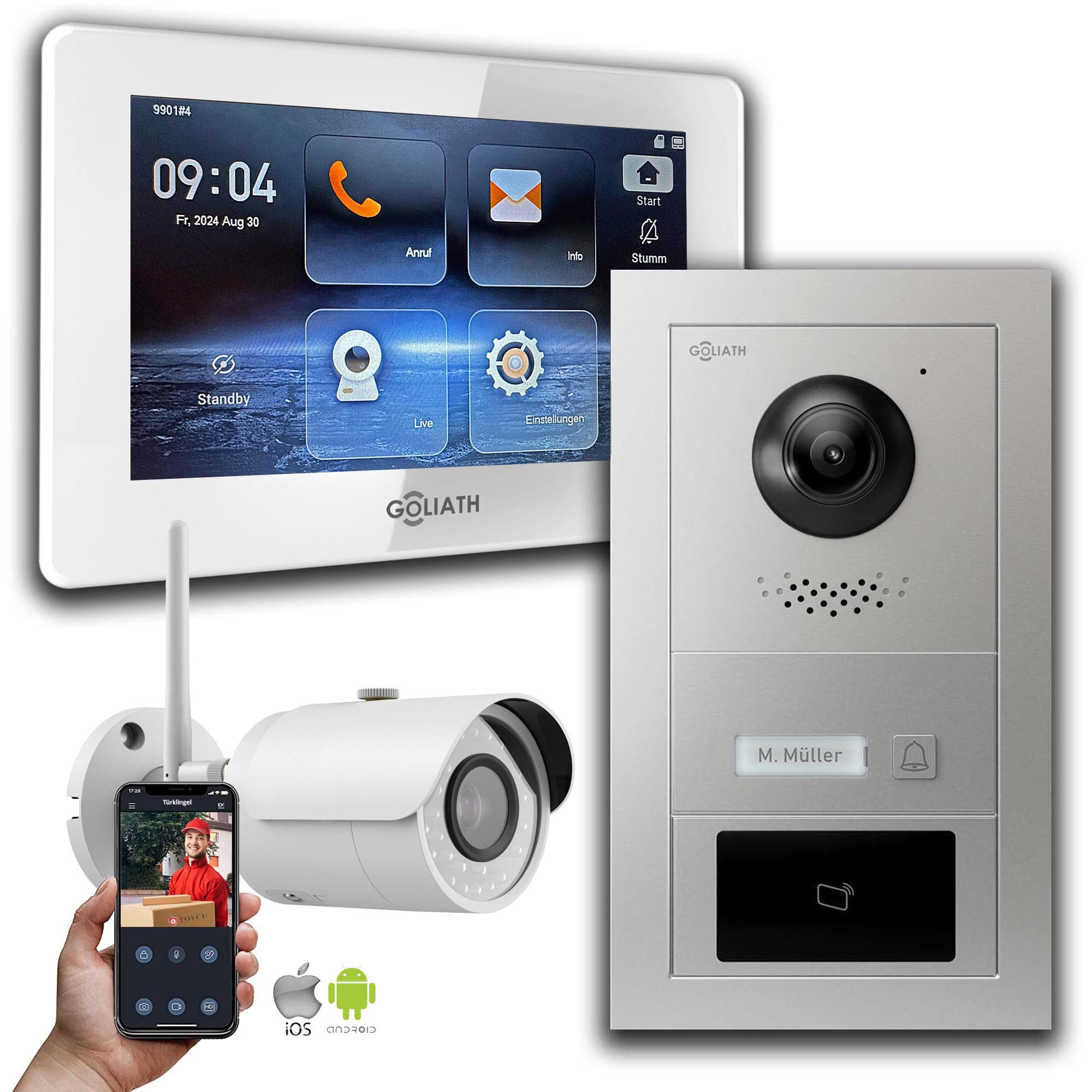 Goliath Intercom Video-Türsprechanlage Goliath IP Video Türsprechanlage: 7-Zoll 1 Monitor, RFID, Silber, Wifi (Privat oder Gewerblich)