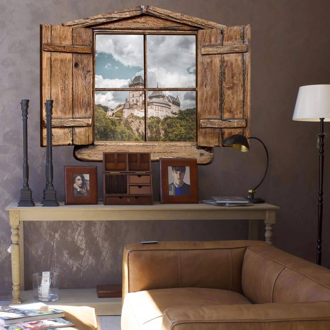 K&L Wall Art Wandtattoo 3D Holzfenster Wandsticker Fensterblick Wandbild selbstklebend (Klebebilder mit traumhaften Blick aus dem Fenster), selbstklebende Fenster Wandtattoos im vintage Landhausstil