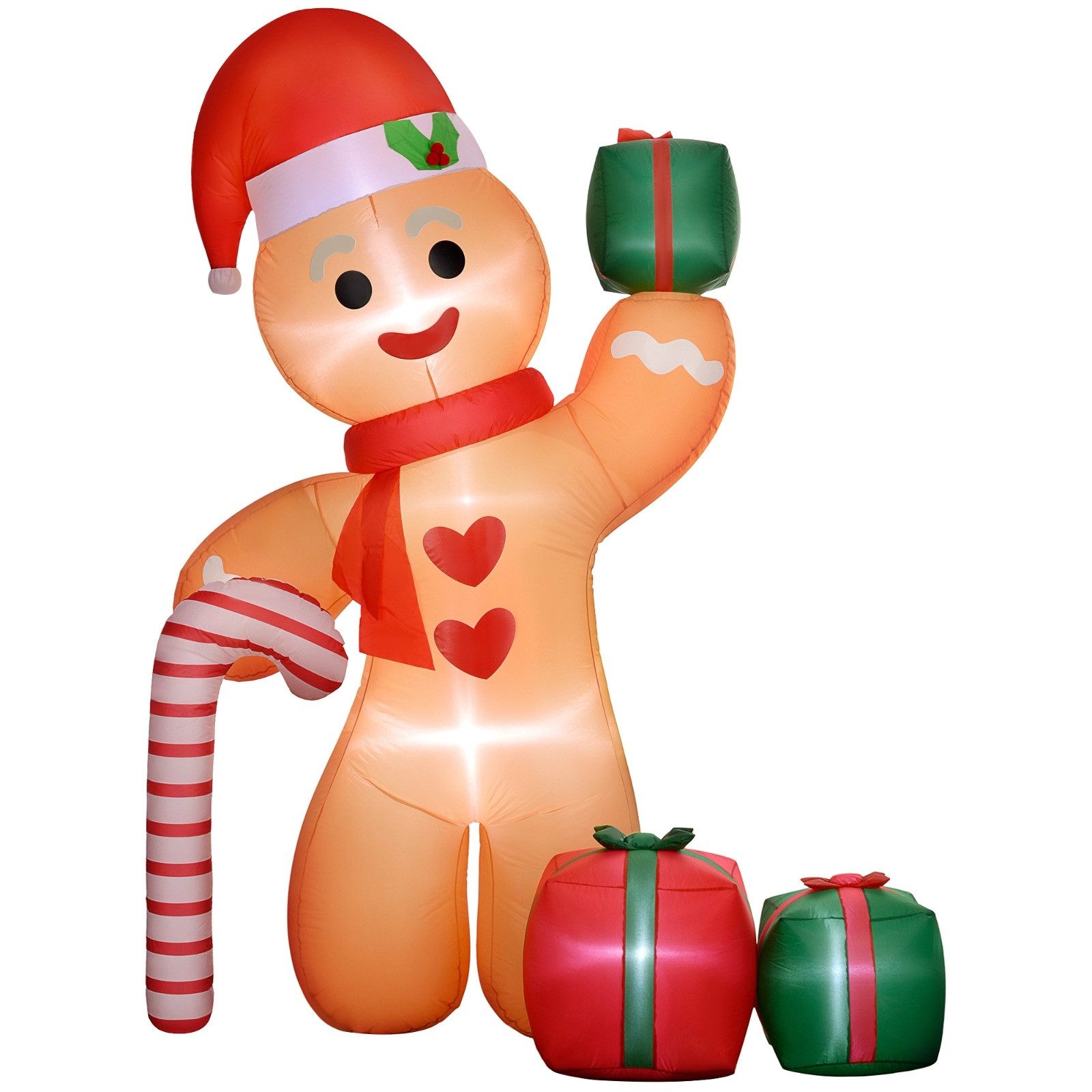 Celya Weihnachtsfigur Lebkuchenmann mit Zuckerstange, 2,45 m groß, aufblasbar (weiße LED-Beleuchtung, 170 x 100 x 245 cm)