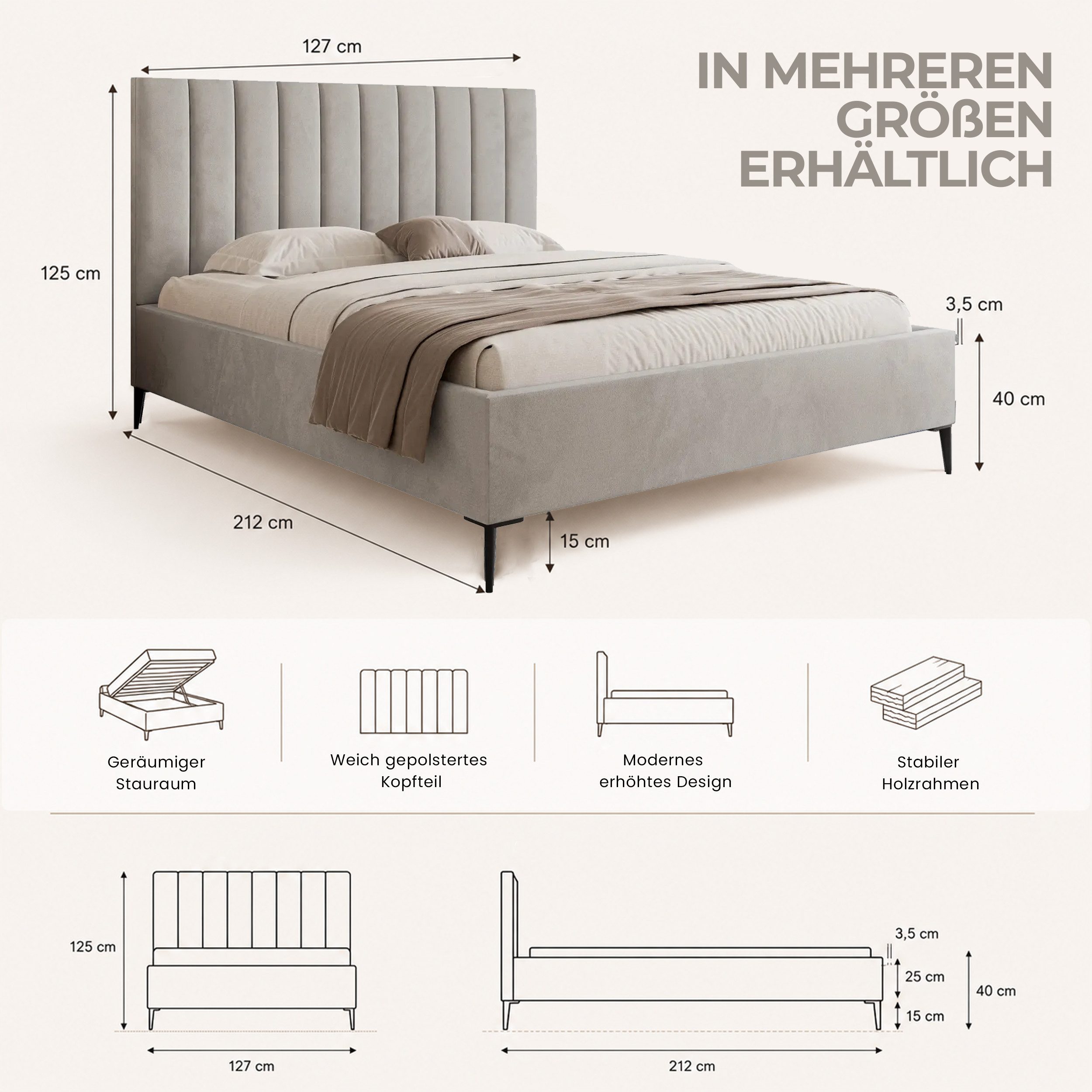 Goldstoff Polsterbett Elegantes Bett "AUREO" mit hohem Kopfteil & Stauraum für Schlafzimmer (120–200x200 cm, Kopfteilhöhe: 90/110 cm, Seitenhöhe: 25/40 cm), Mod – Bild 5 von 5