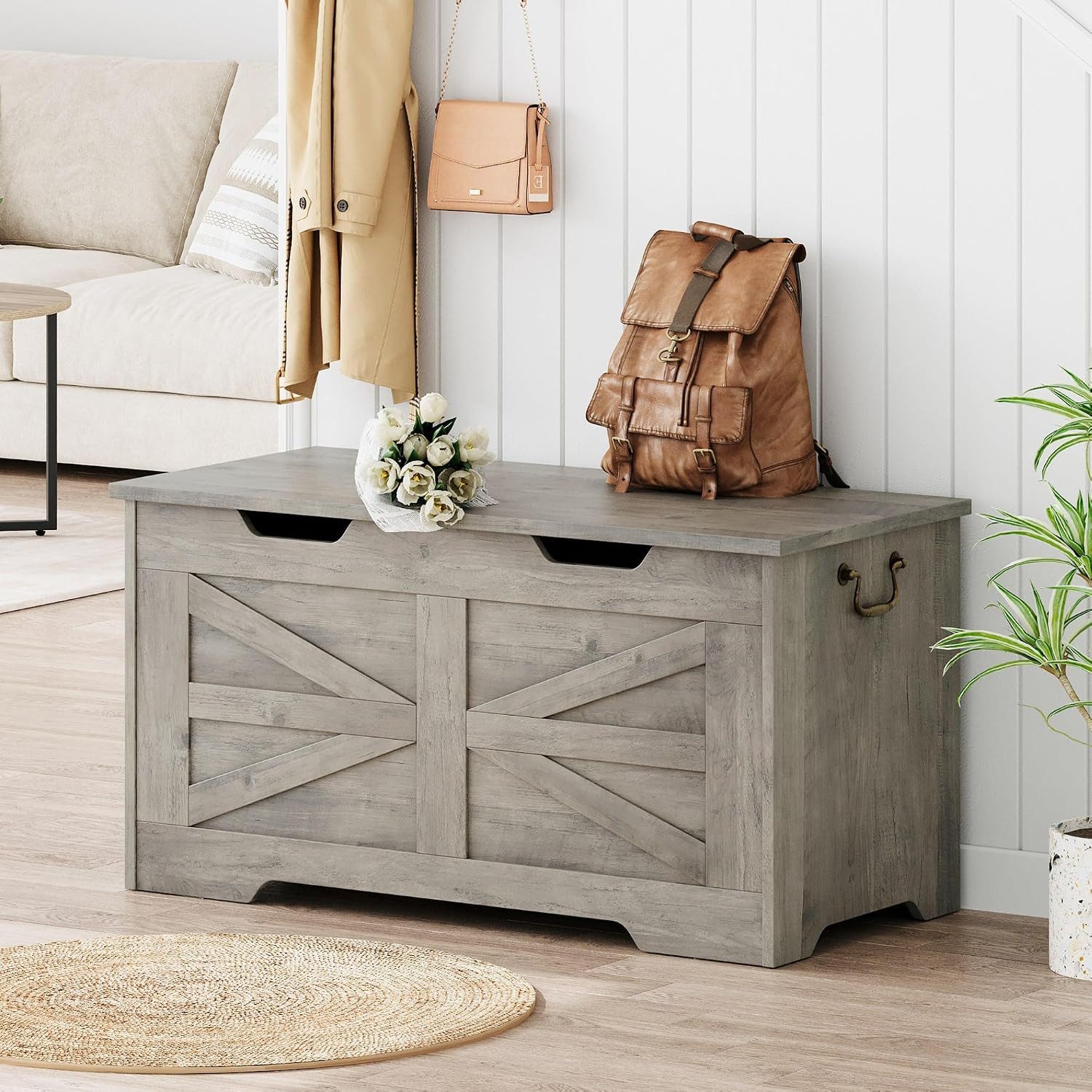 GarveeMore Aufbewahrungsbox 100cm Holz-Sitzbank mit Sicherheits-Scharnier,Aufbewahrungstruhe, Truhe mit Klappdeckel (z. B. für Decken), belastbar bis 159 kg – Bild 3 von 3